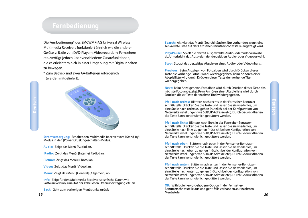 SMC Networks SMCWMR-AG manual Fernbedienung, Deutsch 