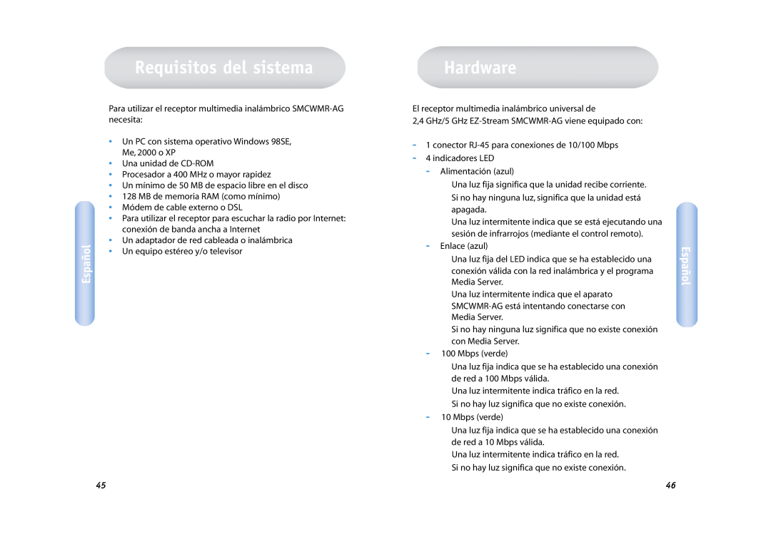 SMC Networks SMCWMR-AG manual Requisitos del sistema, Hardware, Español 