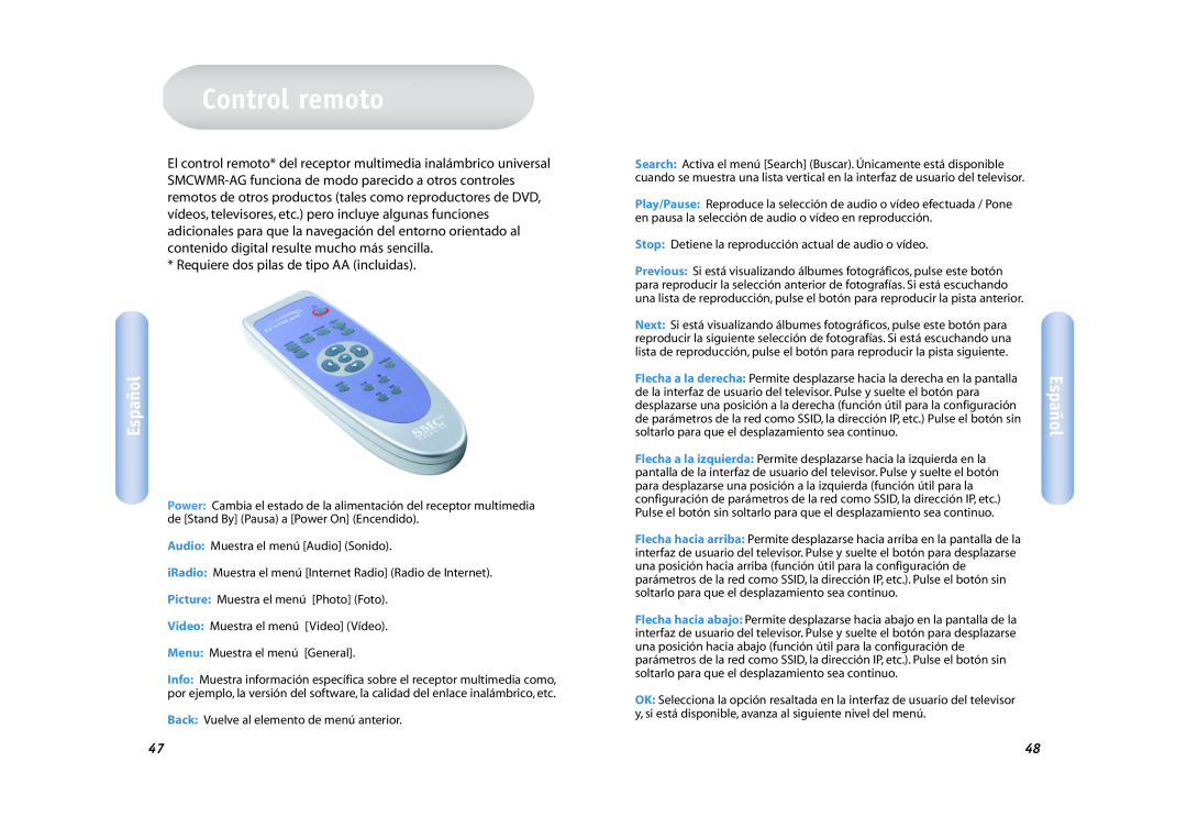 SMC Networks SMCWMR-AG manual Control remoto, Español, Requiere dos pilas de tipo AA incluidas 