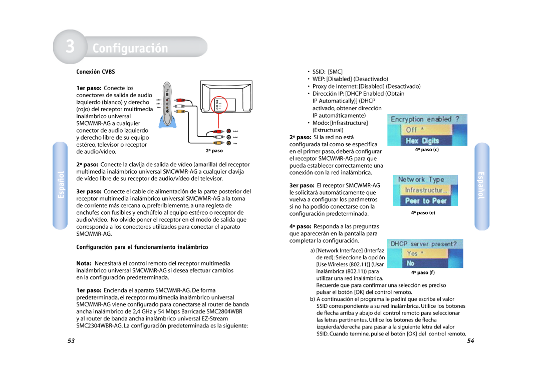 SMC Networks SMCWMR-AG manual Español, Conexión CVBS, Configuración para el funcionamiento inalámbrico 