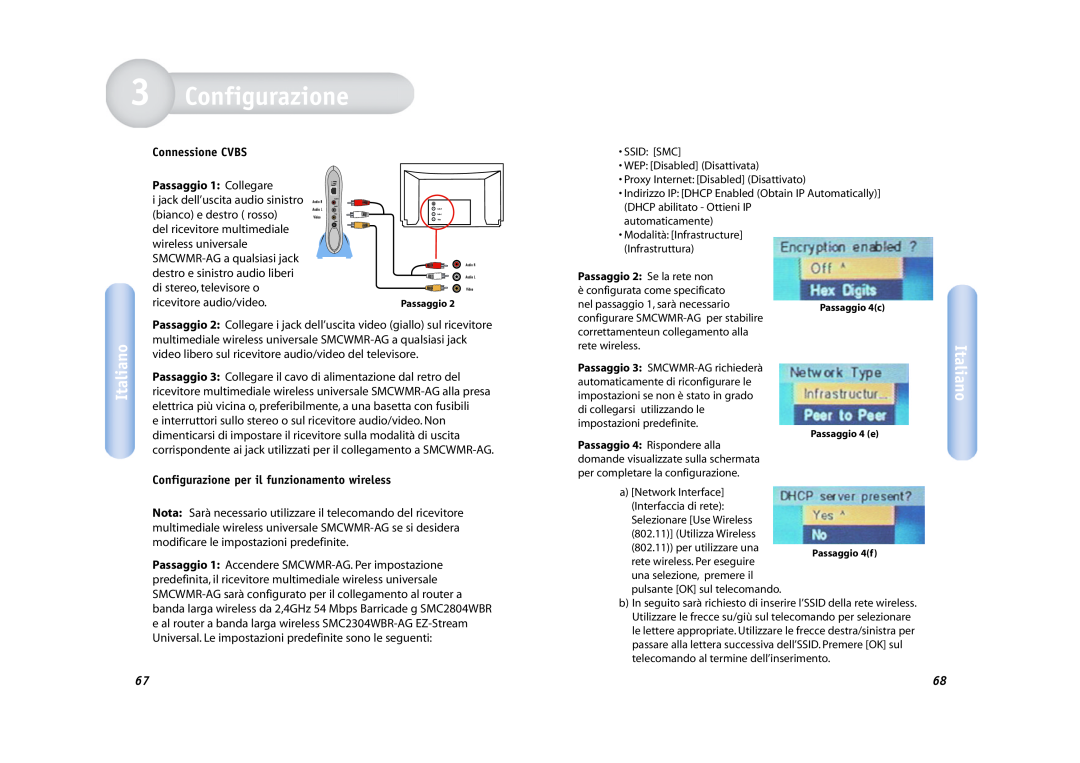 SMC Networks SMCWMR-AG manual Italiano, Connessione CVBS, Configurazione per il funzionamento wireless 