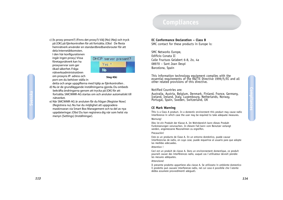 SMC Networks SMCWMR-AG manual Compliances, Svenska, EC Conformance Declaration - Class B, CE Mark Warning 