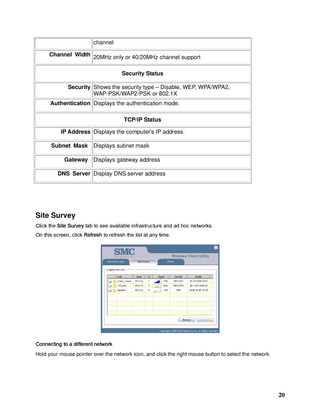 SMC Networks SMCWPCI-N manual Security Status, Connecting to a different network 