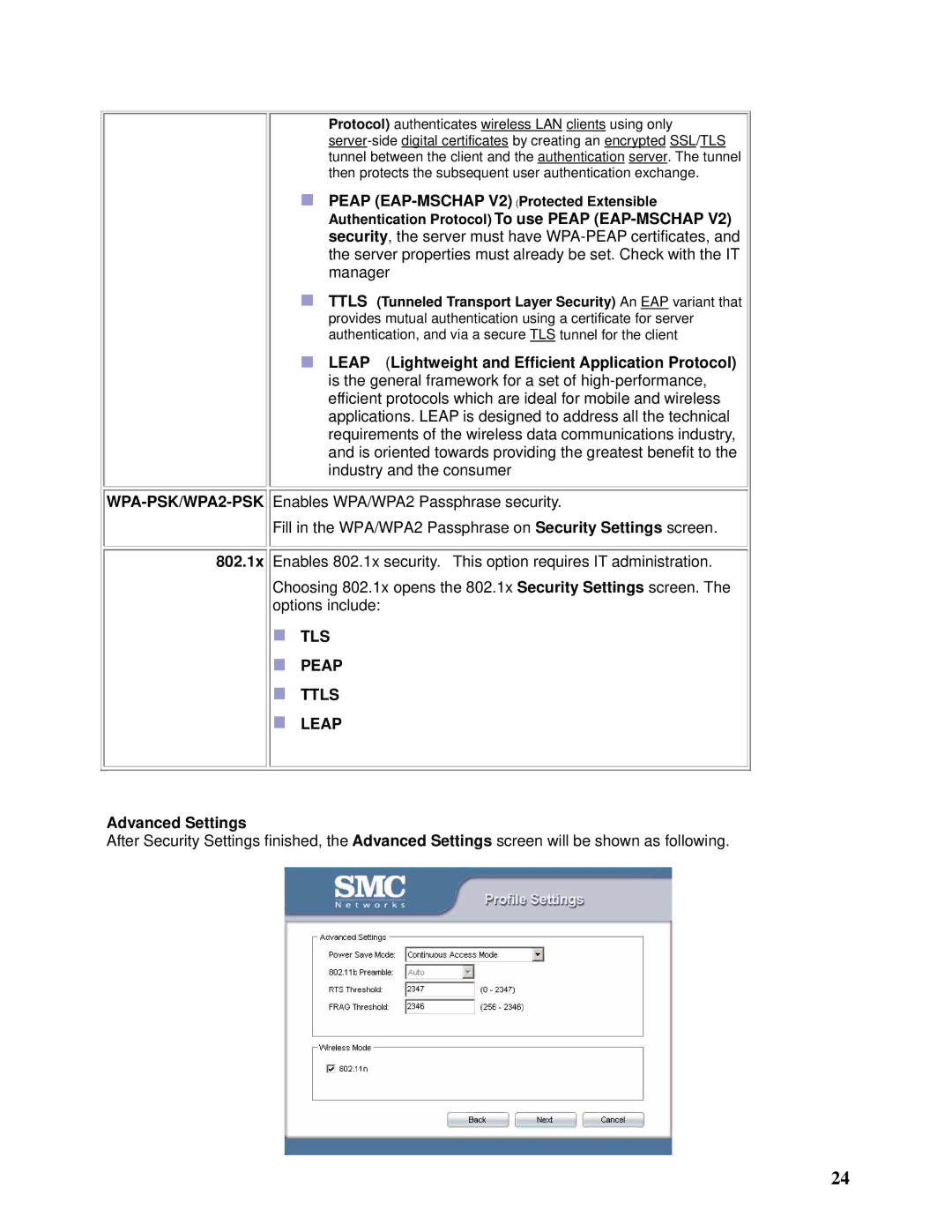 SMC Networks SMCWPCI-N manual 802.1x, Advanced Settings 