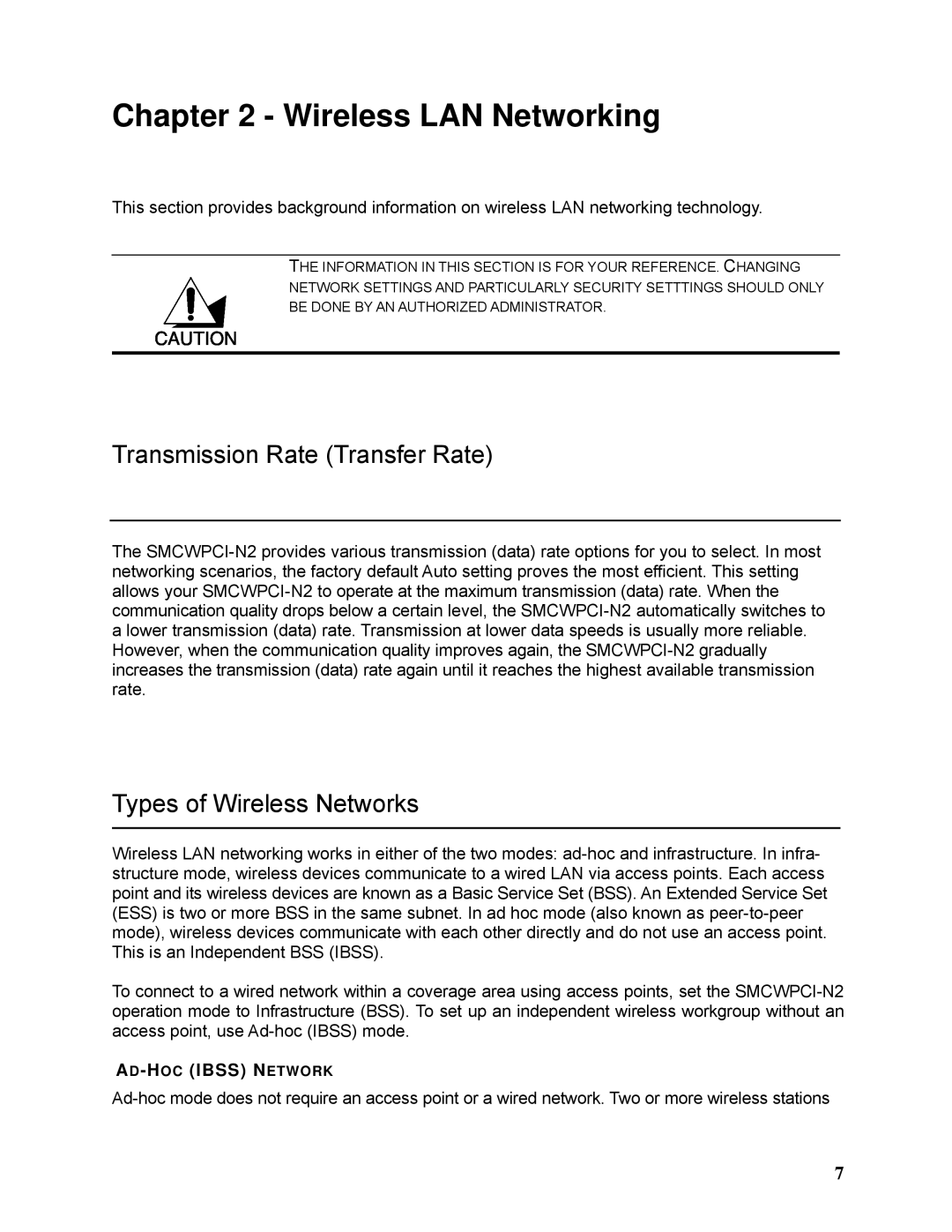 SMC Networks SMCWPCI-N2 manual Transmission Rate Transfer Rate, Types of Wireless Networks 