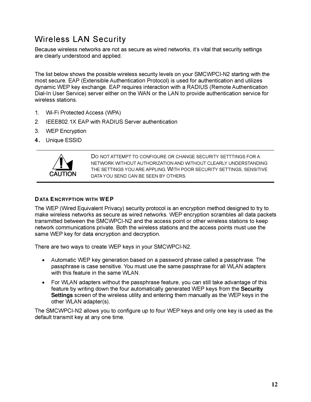 SMC Networks SMCWPCI-N2 manual Wireless LAN Security 