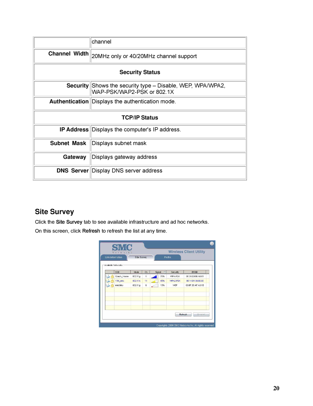 SMC Networks SMCWPCI-N2 manual Security Status, TCP/IP Status 