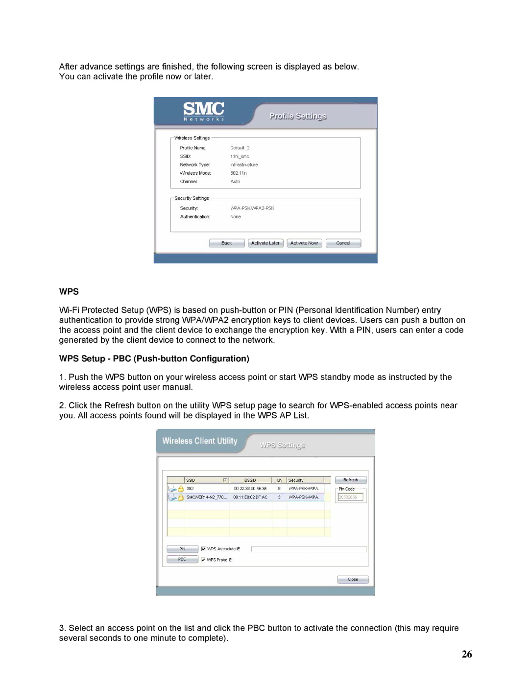 SMC Networks SMCWPCI-N2 manual Wps, WPS Setup PBC Push-button Configuration 