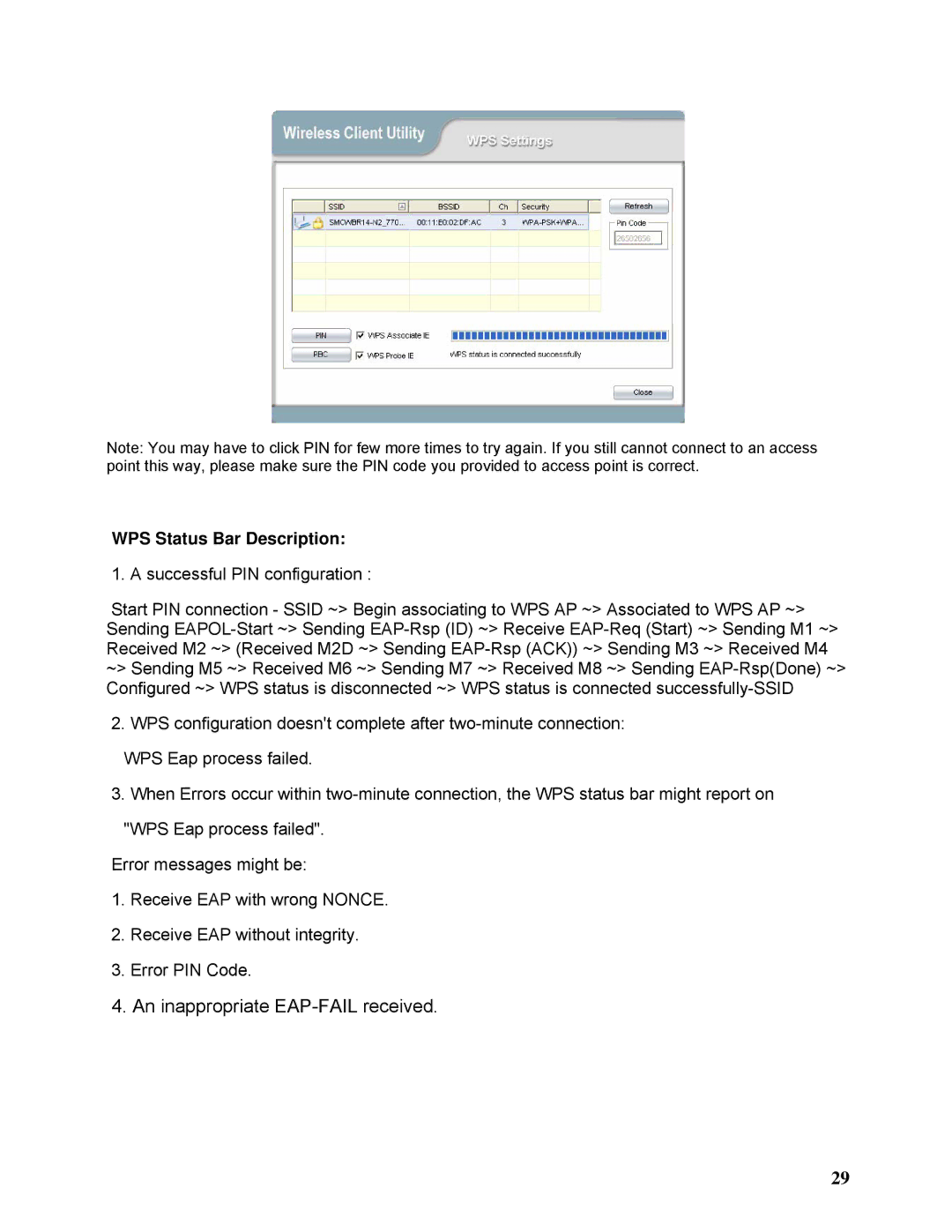 SMC Networks SMCWPCI-N2 manual WPS Status Bar Description 