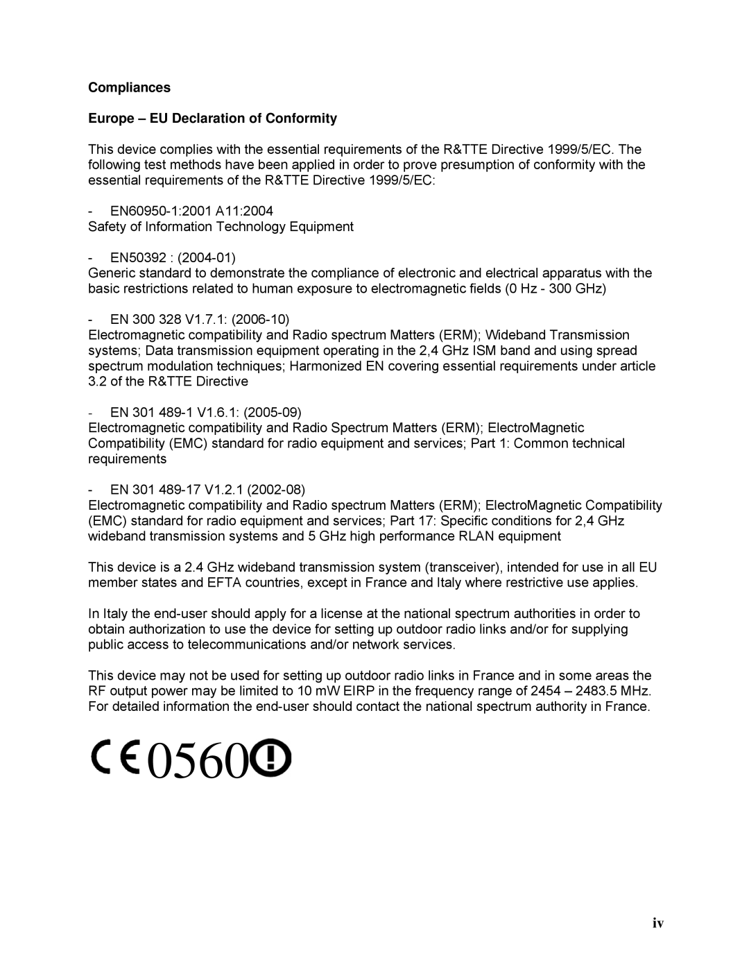 SMC Networks SMCWPCI-N2 manual 0560, Compliances Europe EU Declaration of Conformity 