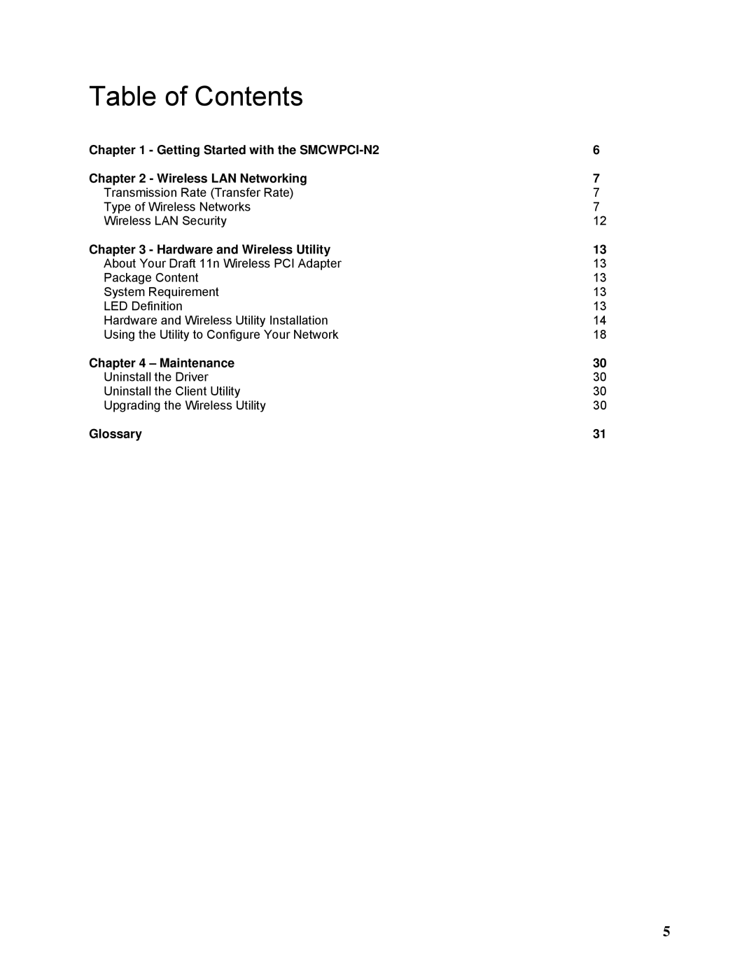 SMC Networks SMCWPCI-N2 manual Table of Contents 