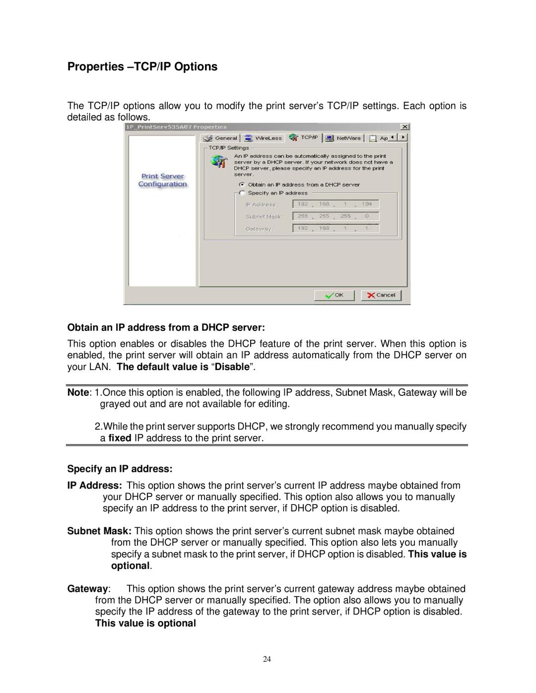 SMC Networks SMCWPS-G manual Properties -TCP/IP Options, Obtain an IP address from a Dhcp server, Specify an IP address 