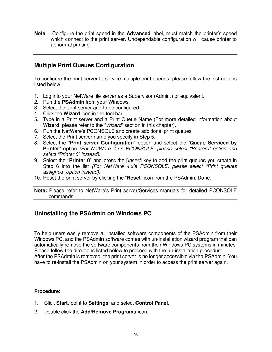 SMC Networks SMCWPS-G manual Multiple Print Queues Configuration, Uninstalling the PSAdmin on Windows PC, Procedure 