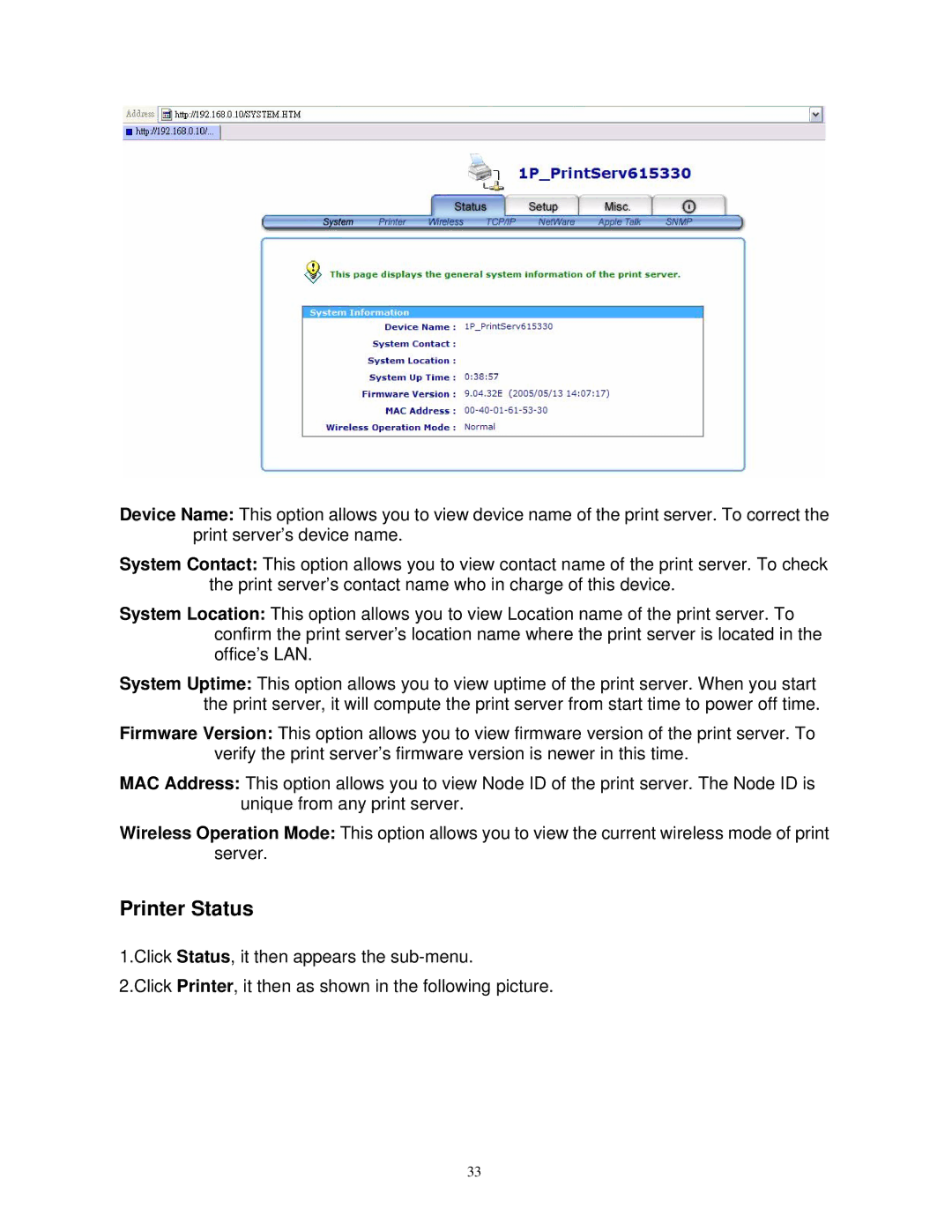 SMC Networks SMCWPS-G manual Printer Status 