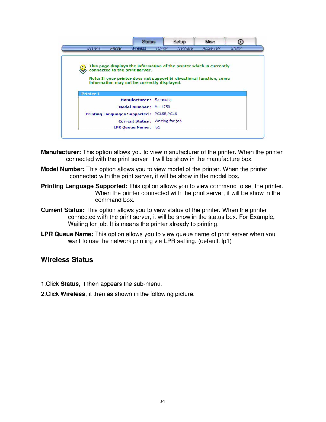 SMC Networks SMCWPS-G manual Wireless Status 