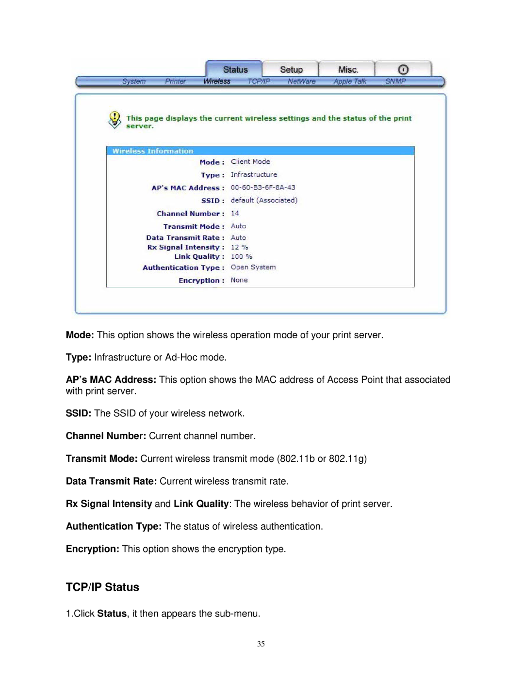 SMC Networks SMCWPS-G manual TCP/IP Status 