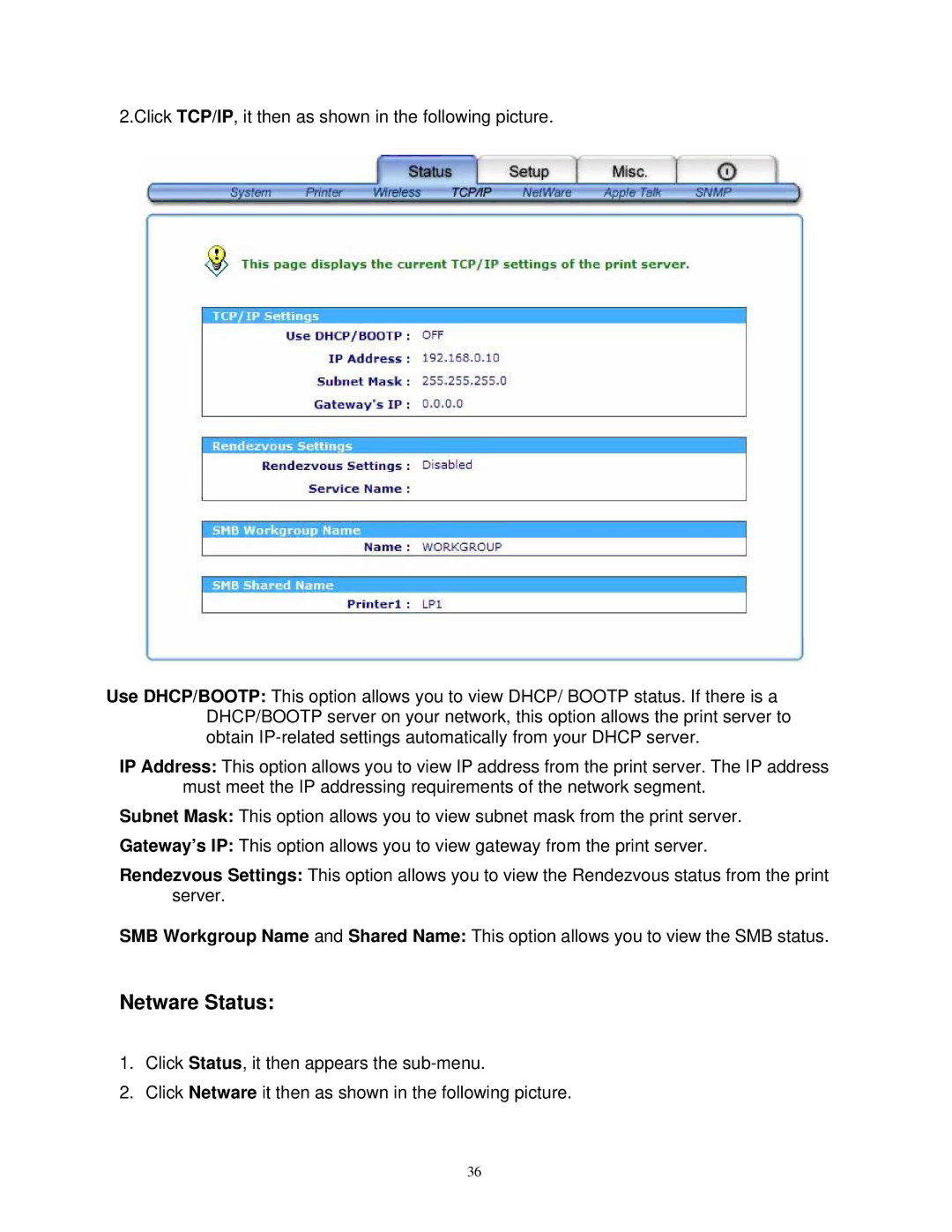 SMC Networks SMCWPS-G manual Netware Status 