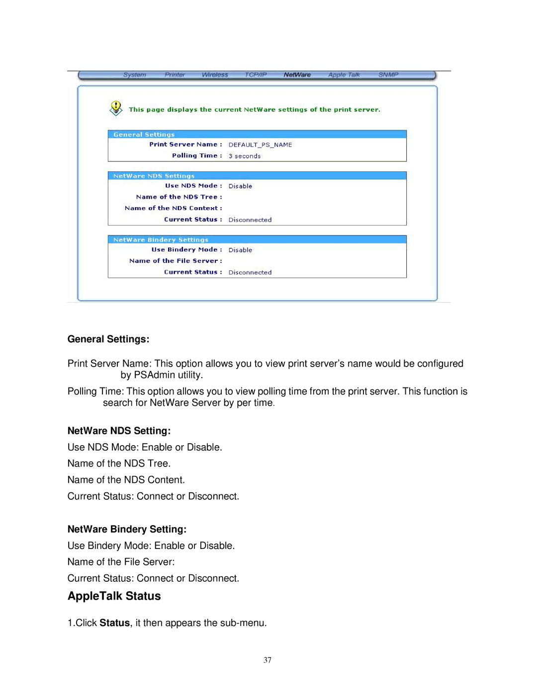 SMC Networks SMCWPS-G manual AppleTalk Status, General Settings, NetWare NDS Setting, NetWare Bindery Setting 