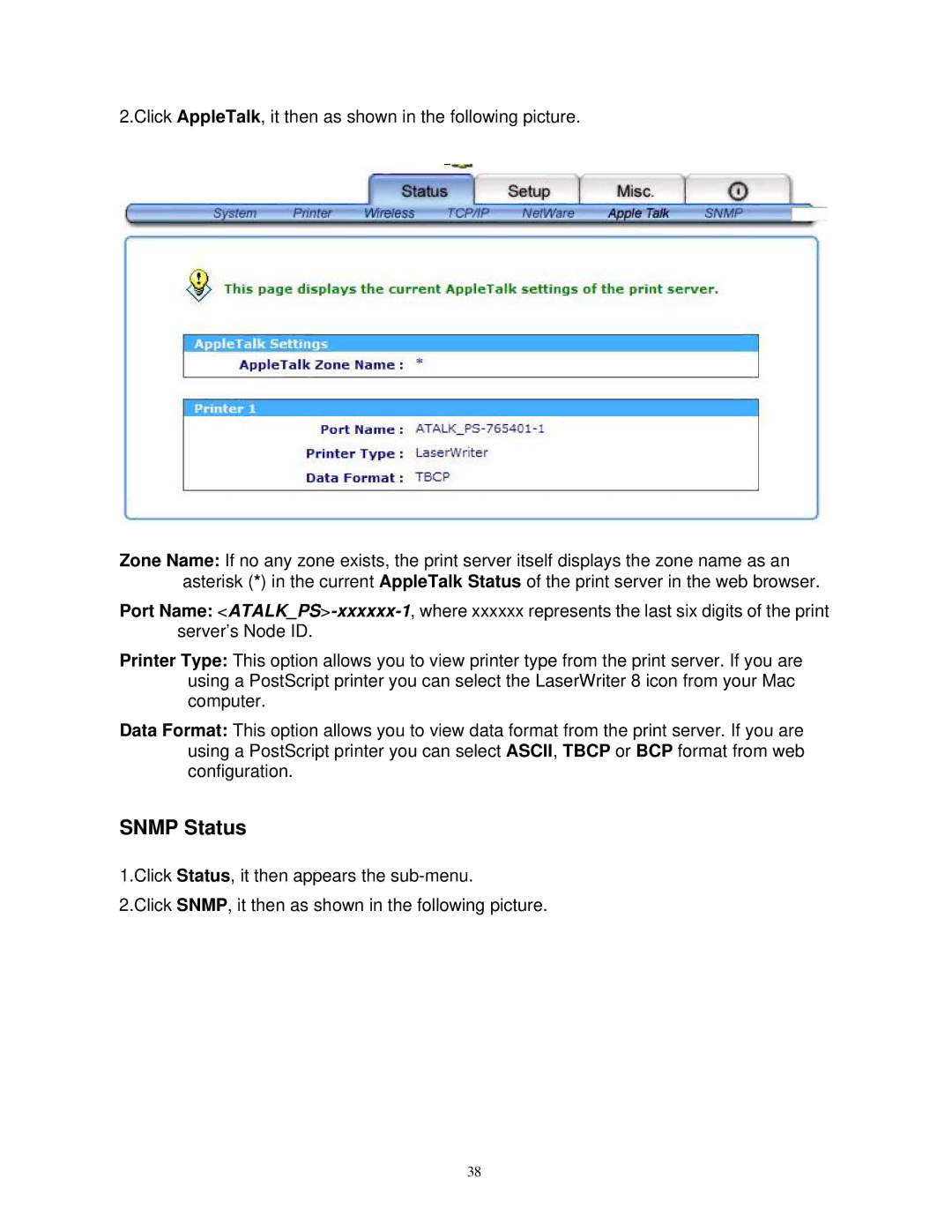 SMC Networks SMCWPS-G manual Snmp Status 