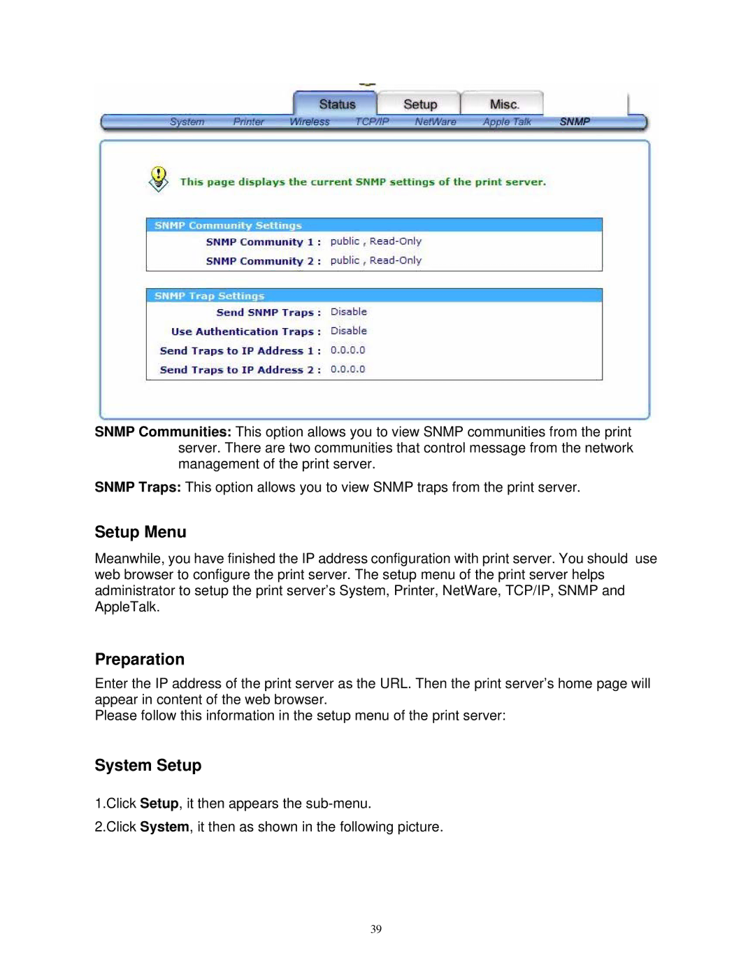 SMC Networks SMCWPS-G manual Setup Menu, System Setup 