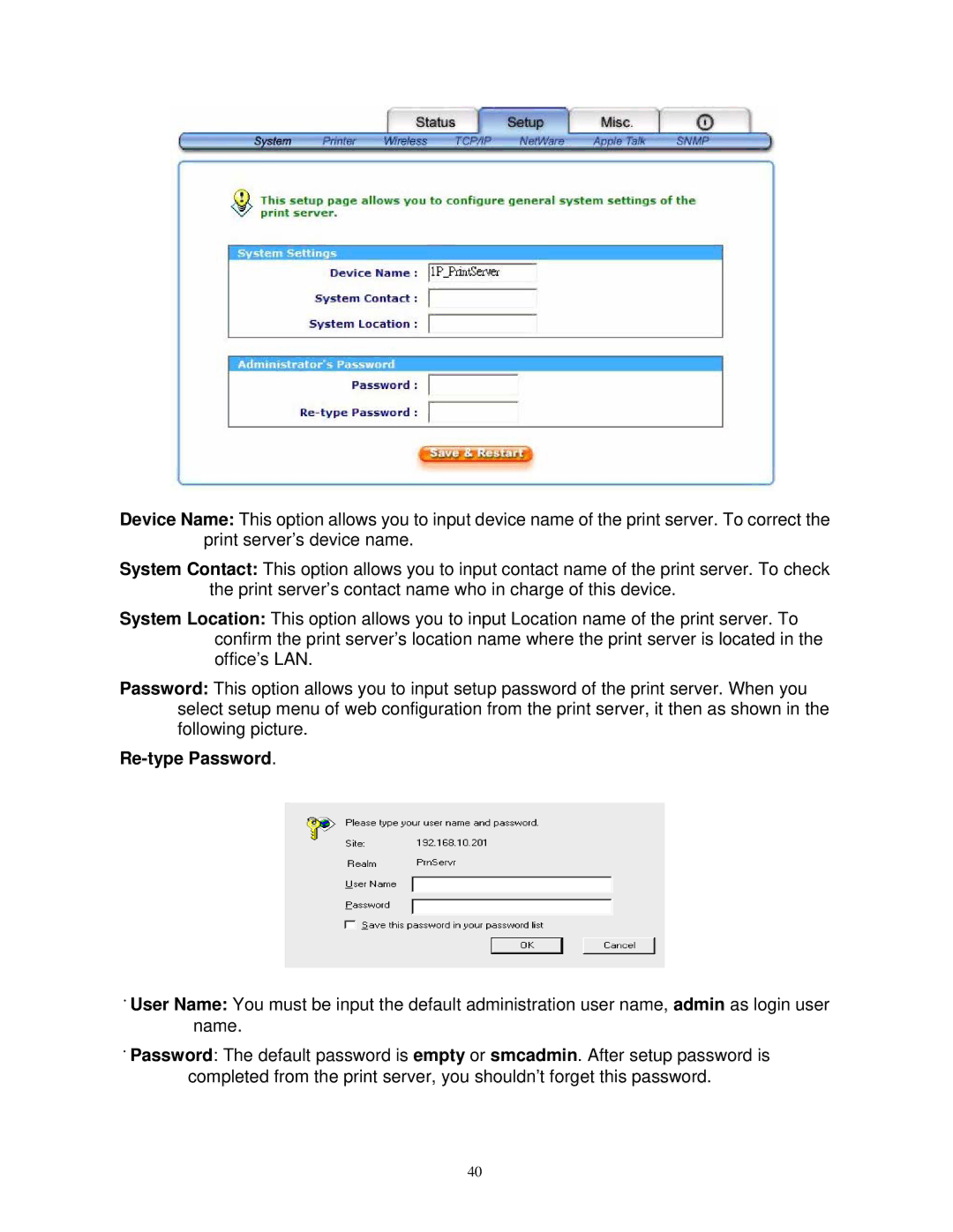 SMC Networks SMCWPS-G manual Re-type Password 