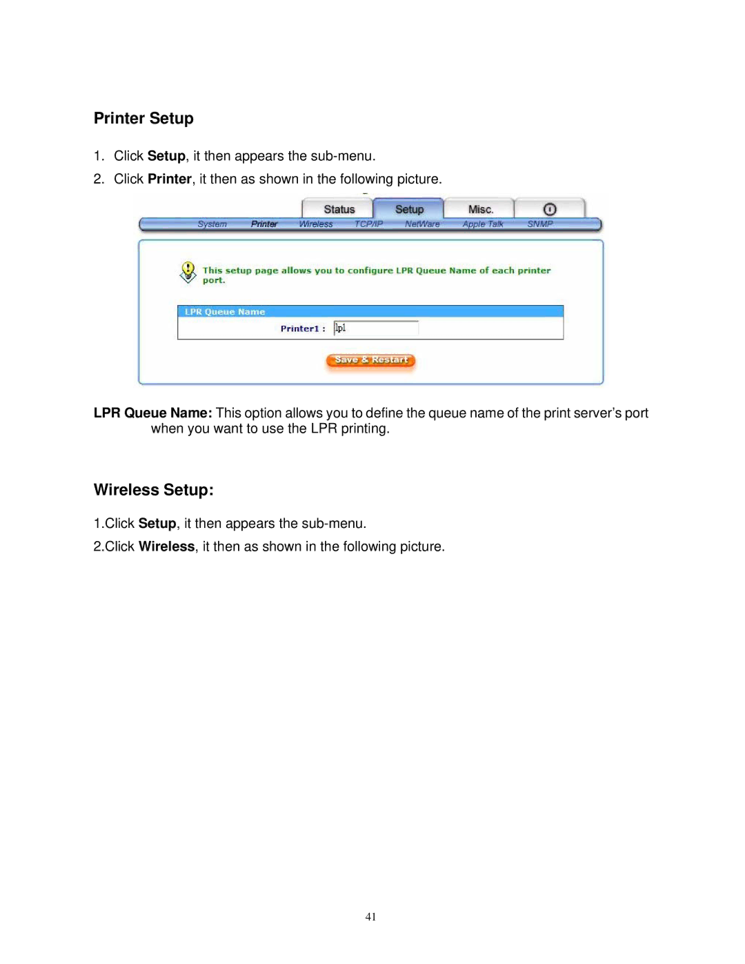 SMC Networks SMCWPS-G manual Printer Setup, Wireless Setup 