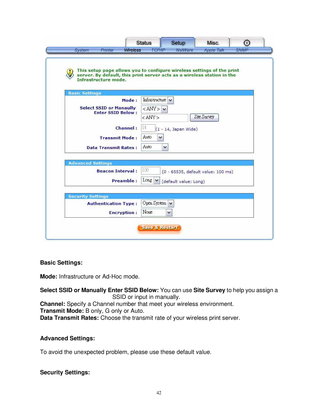 SMC Networks SMCWPS-G manual Basic Settings, Advanced Settings, Security Settings 