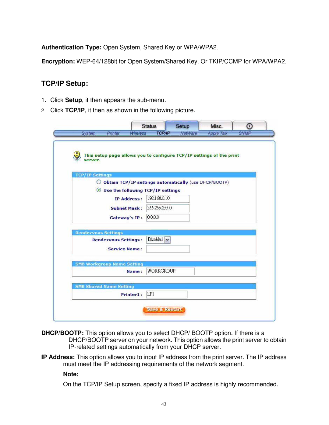 SMC Networks SMCWPS-G manual TCP/IP Setup 