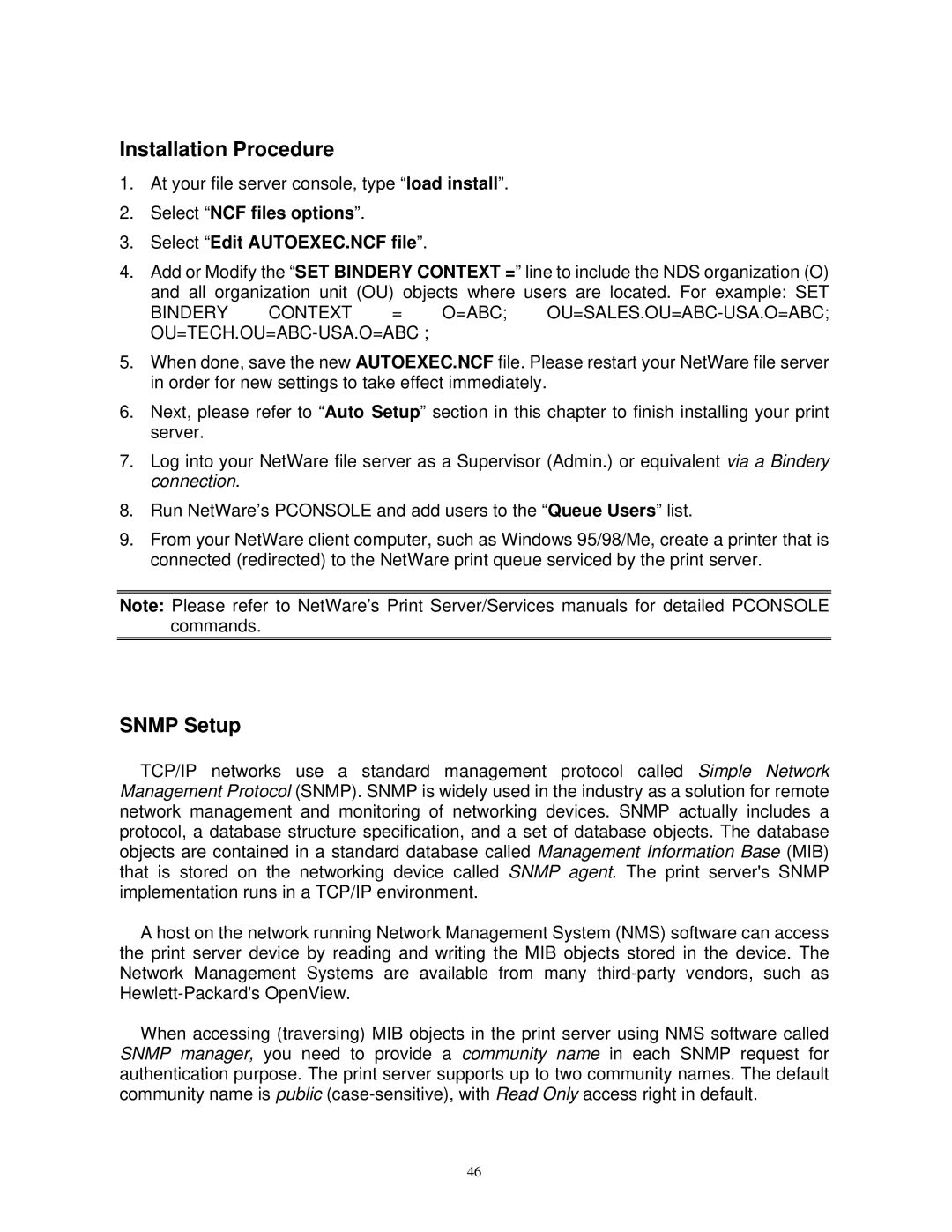 SMC Networks SMCWPS-G manual Installation Procedure, Snmp Setup, Select NCF files options Select Edit AUTOEXEC.NCF file 