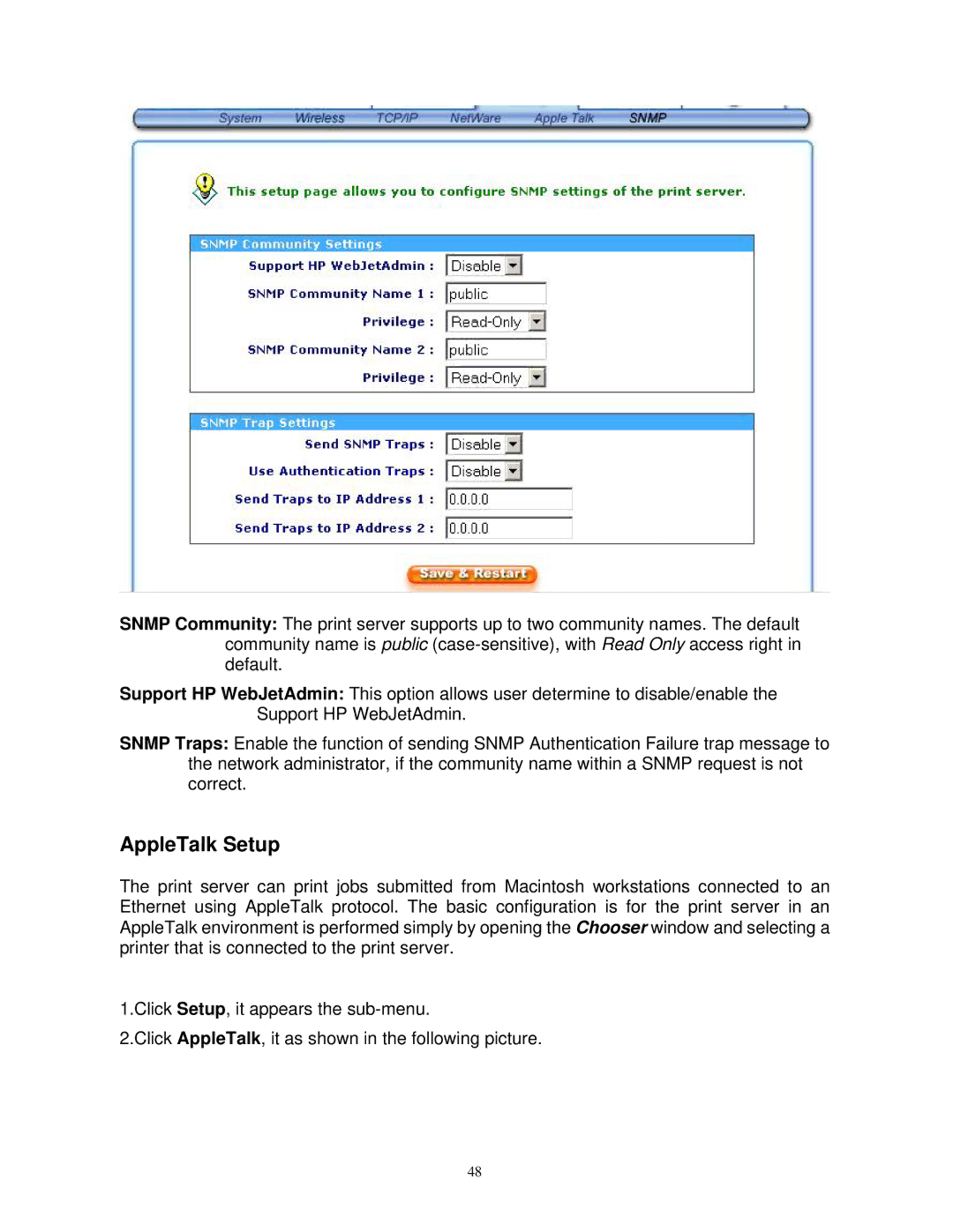 SMC Networks SMCWPS-G manual AppleTalk Setup 