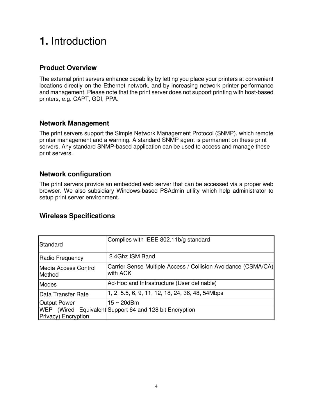 SMC Networks SMCWPS-G manual Product Overview, Network Management, Network configuration, Wireless Specifications 