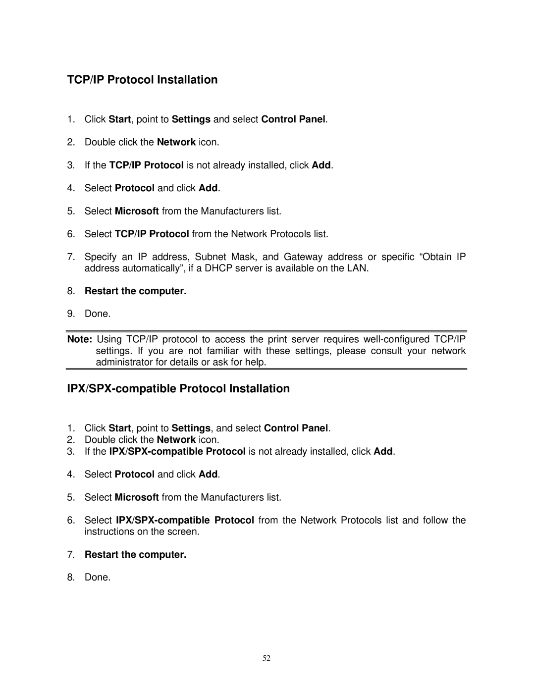 SMC Networks SMCWPS-G manual TCP/IP Protocol Installation, IPX/SPX-compatible Protocol Installation, Restart the computer 