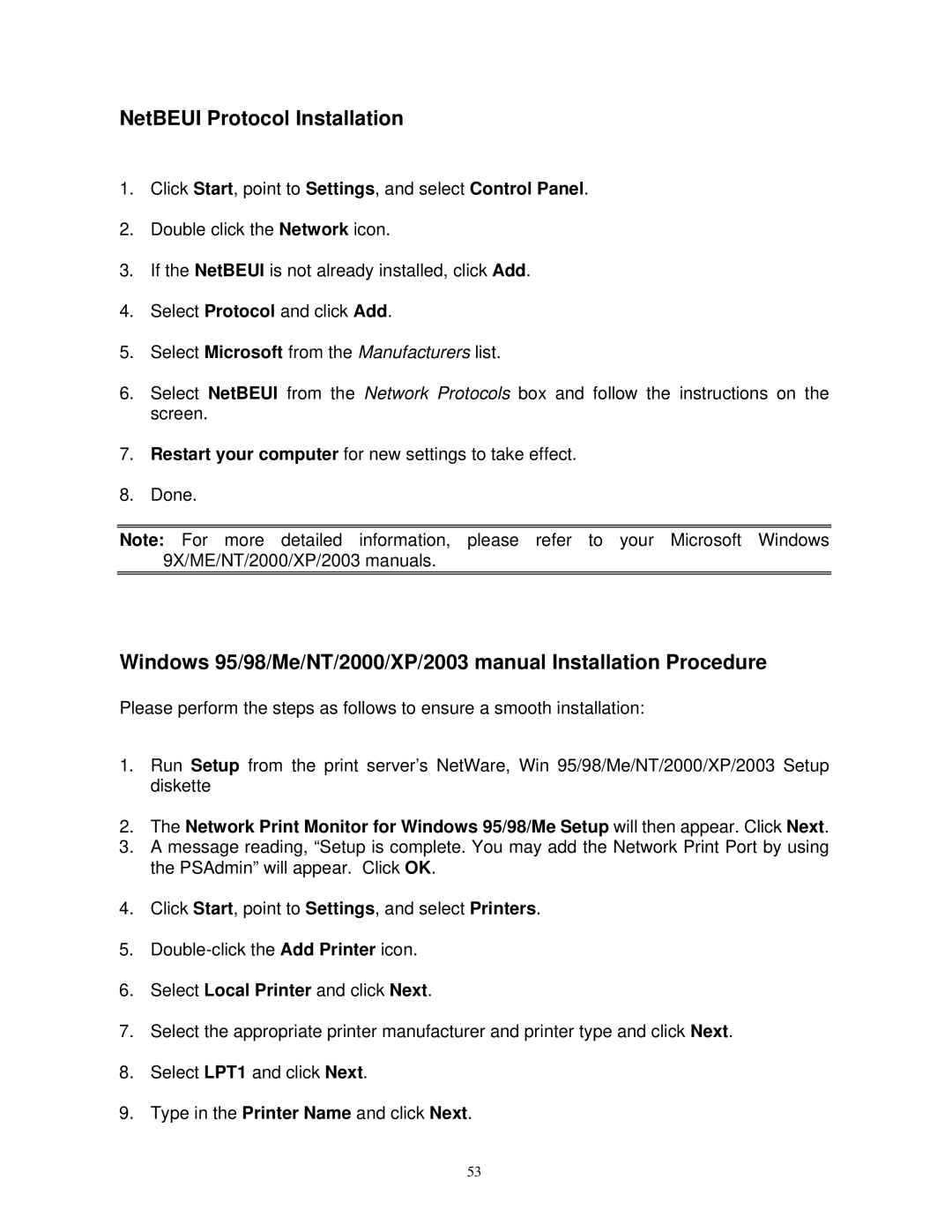 SMC Networks SMCWPS-G manual NetBEUI Protocol Installation 