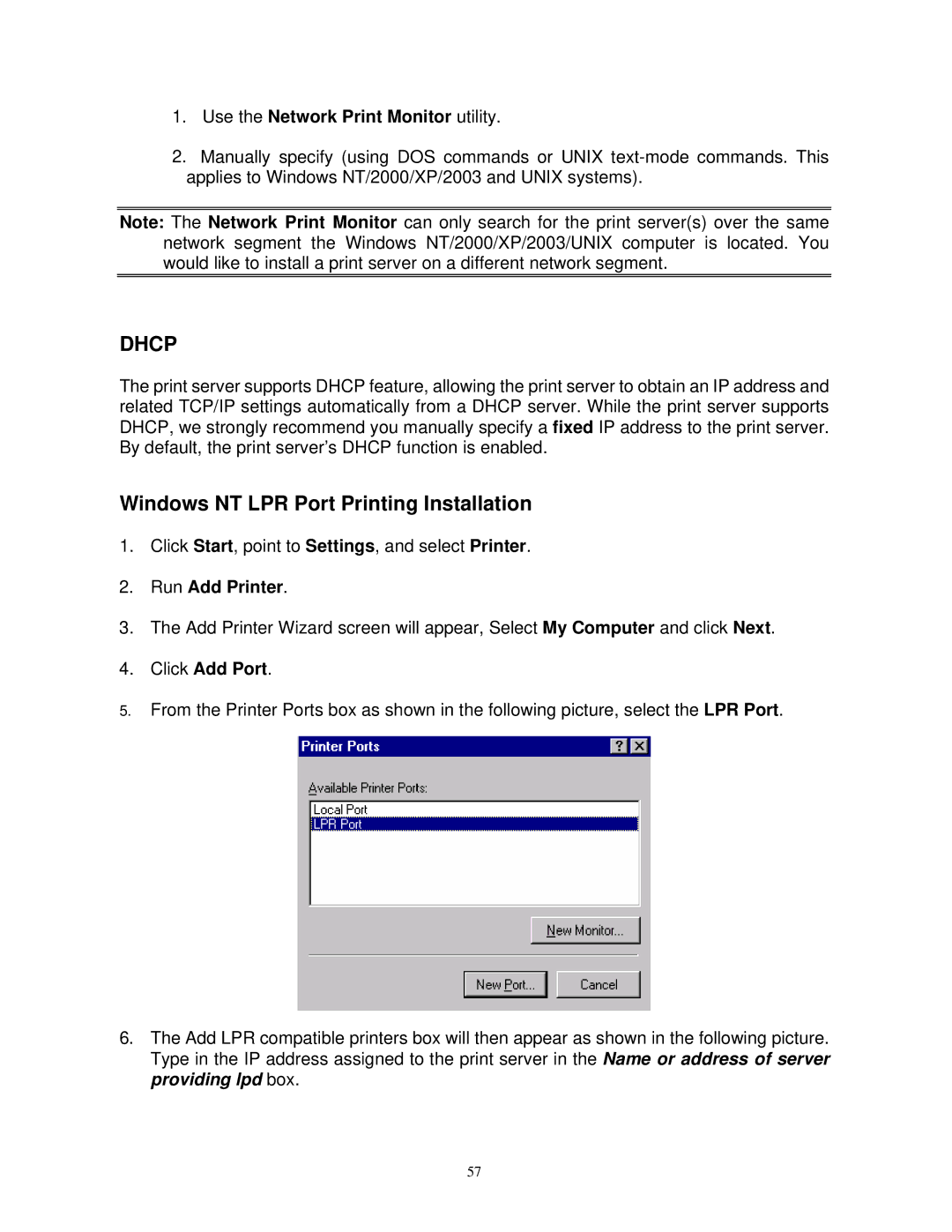 SMC Networks SMCWPS-G Windows NT LPR Port Printing Installation, Use the Network Print Monitor utility, Run Add Printer 