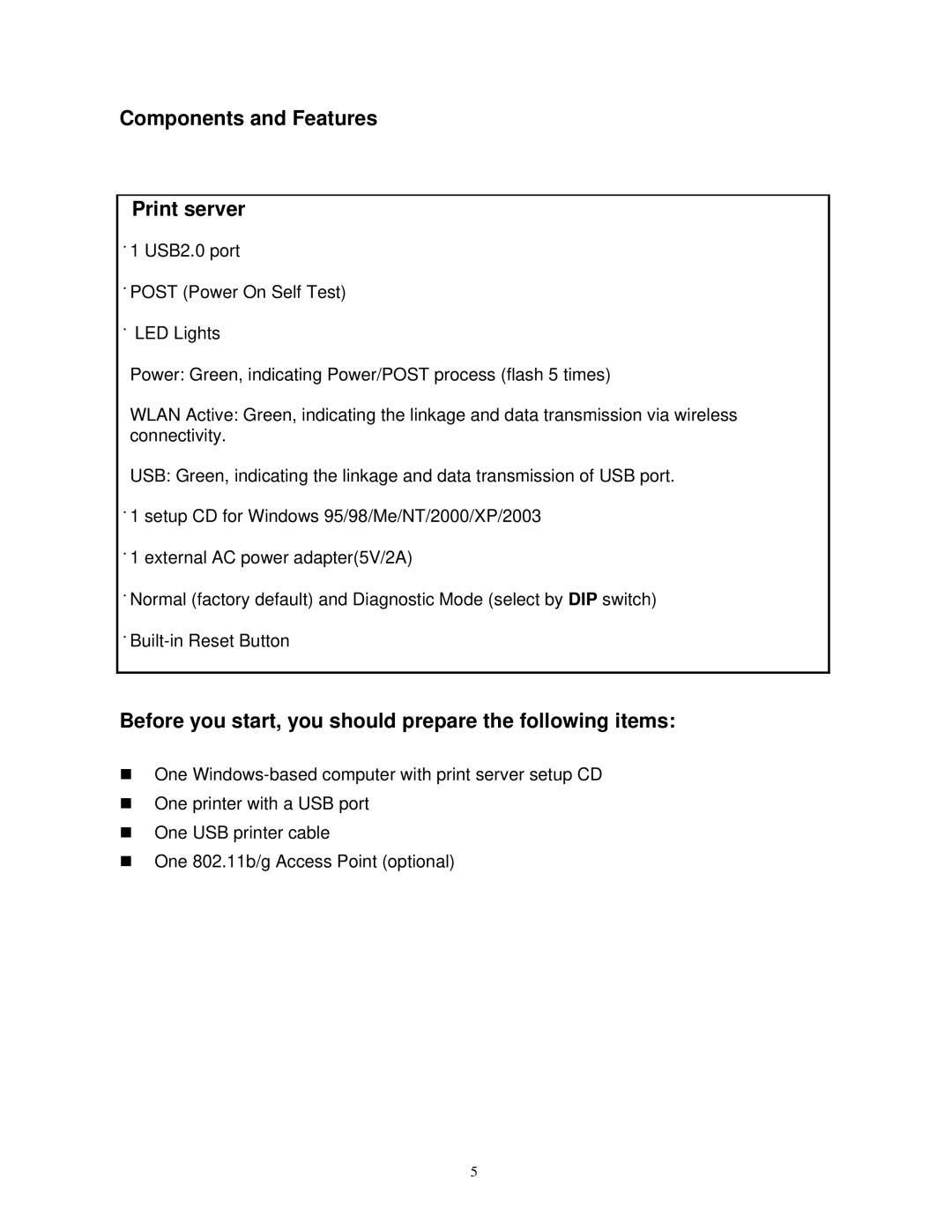 SMC Networks SMCWPS-G manual Components and Features Print server, Before you start, you should prepare the following items 