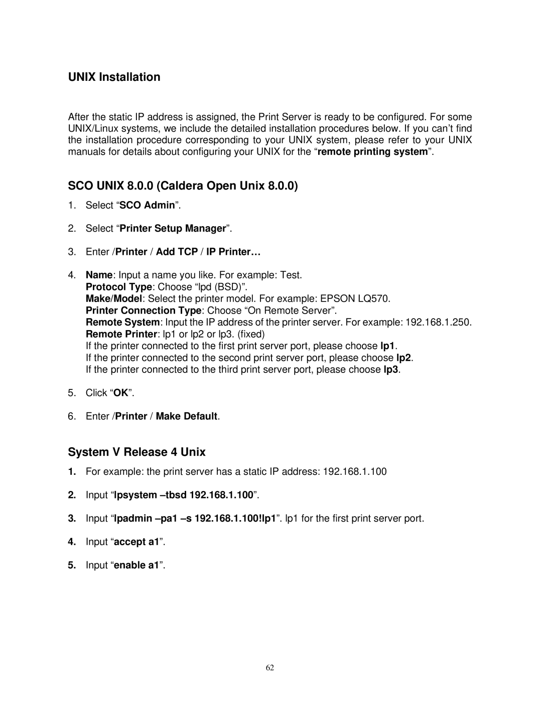 SMC Networks SMCWPS-G Unix Installation, SCO Unix 8.0.0 Caldera Open Unix, System V Release 4 Unix, Input lpsystem -tbsd 