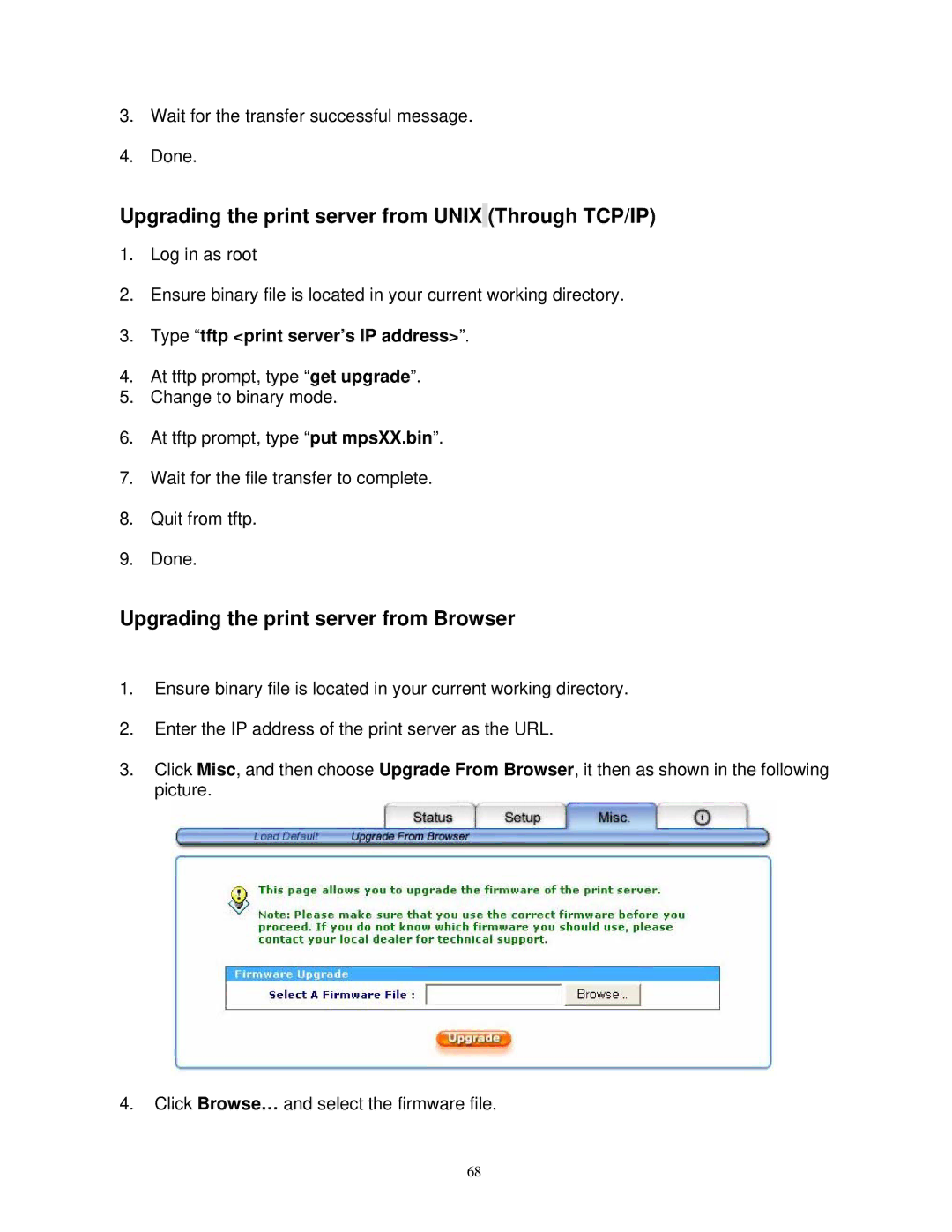 SMC Networks SMCWPS-G manual Upgrading the print server from Unix Through TCP/IP, Upgrading the print server from Browser 