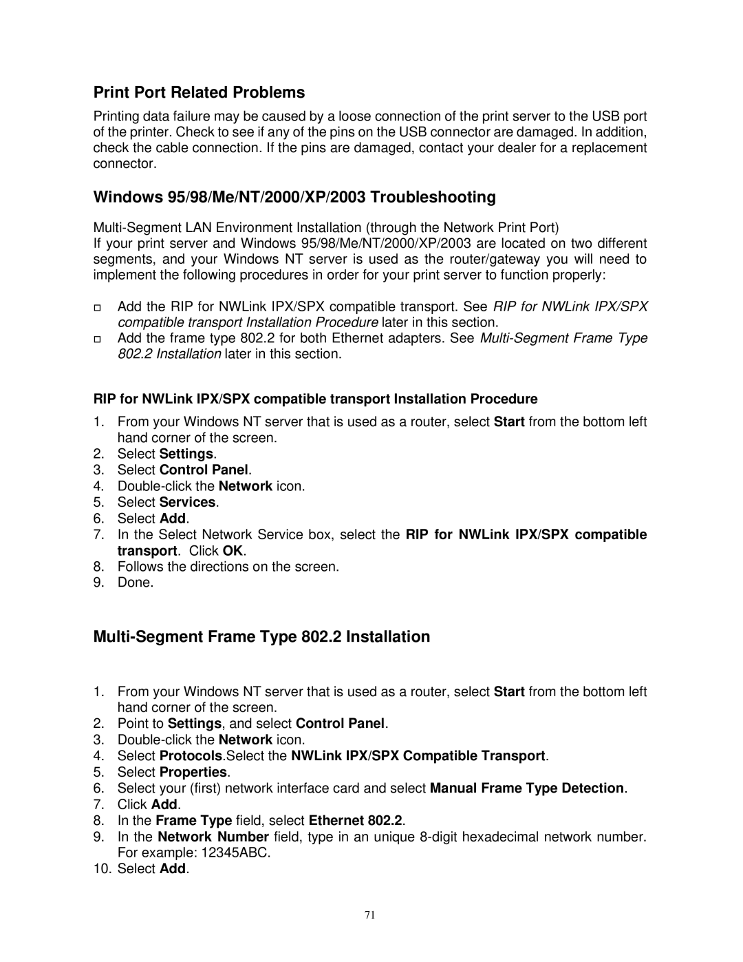 SMC Networks SMCWPS-G Print Port Related Problems, Windows 95/98/Me/NT/2000/XP/2003 Troubleshooting, Select Control Panel 