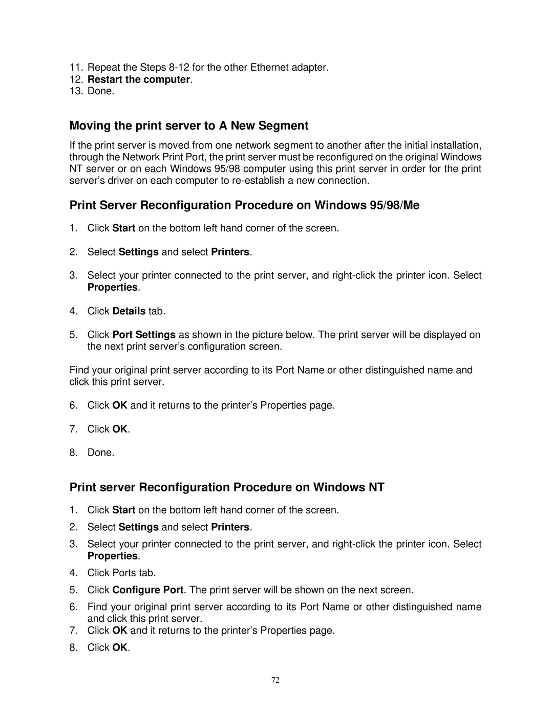 SMC Networks SMCWPS-G Moving the print server to a New Segment, Print Server Reconfiguration Procedure on Windows 95/98/Me 