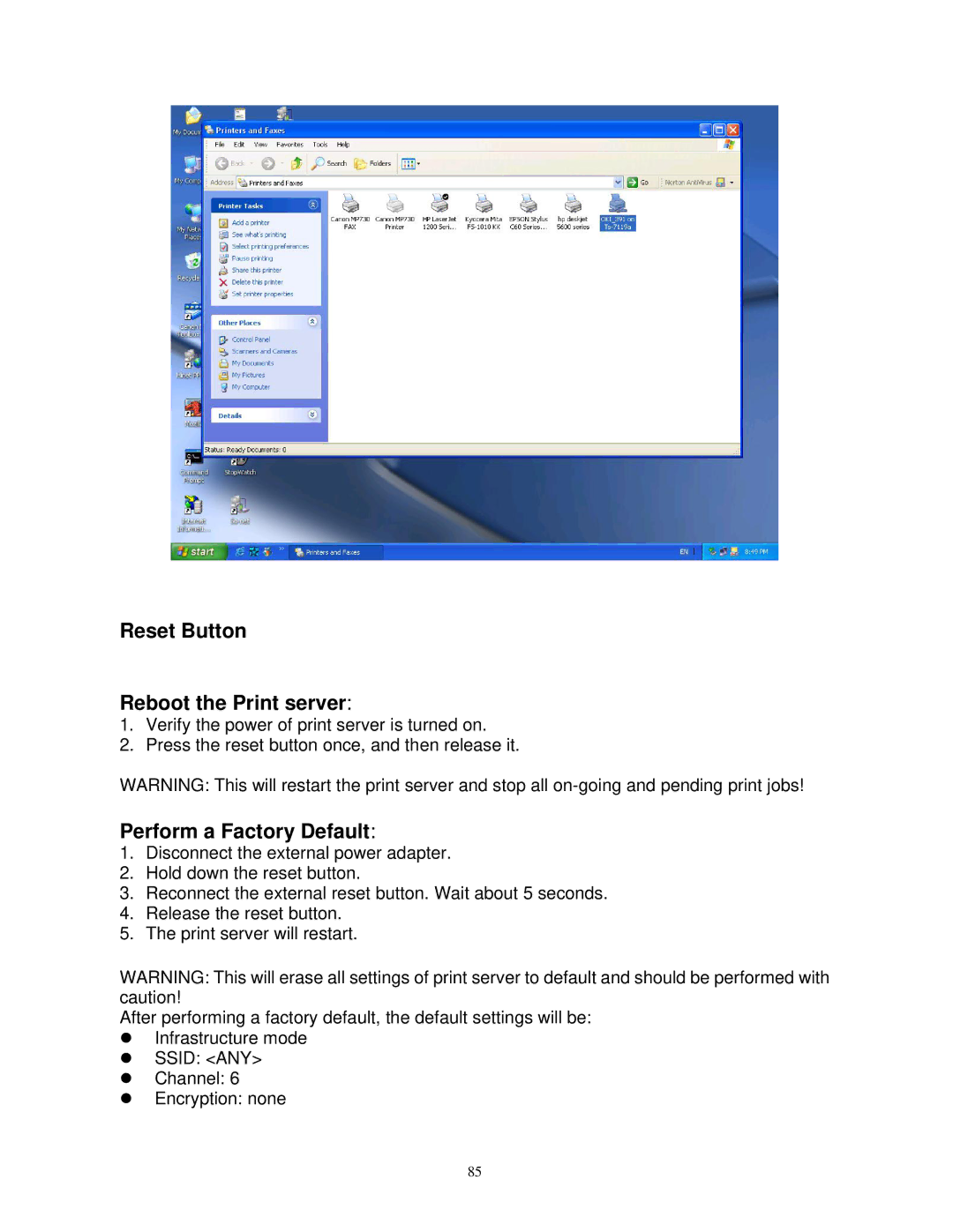 SMC Networks SMCWPS-G manual Reset Button Reboot the Print server, Perform a Factory Default 