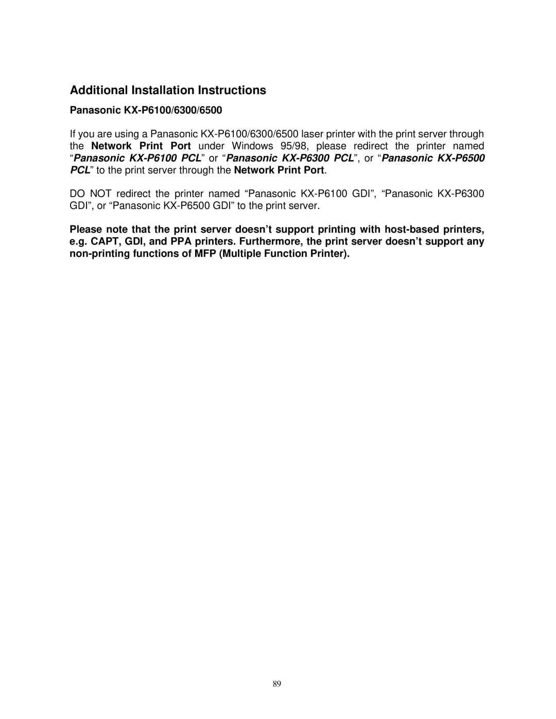 SMC Networks SMCWPS-G manual Additional Installation Instructions, Panasonic KX-P6100/6300/6500 