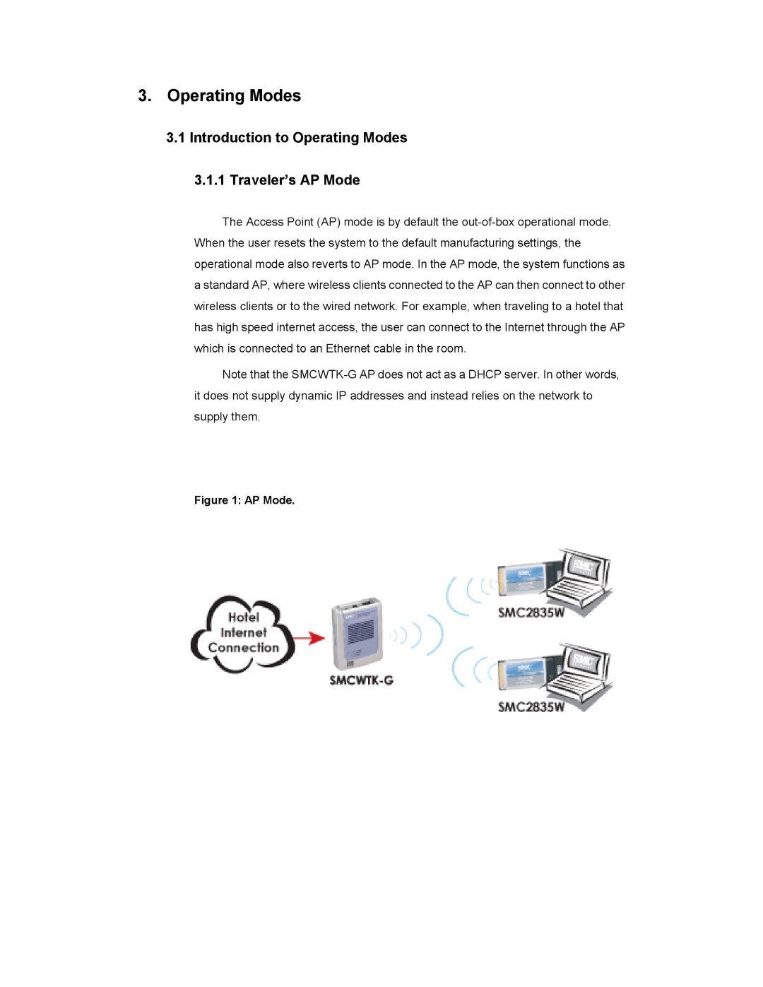 SMC Networks SMCWTK-G manual Introduction to Operating Modes Traveler’s AP Mode 