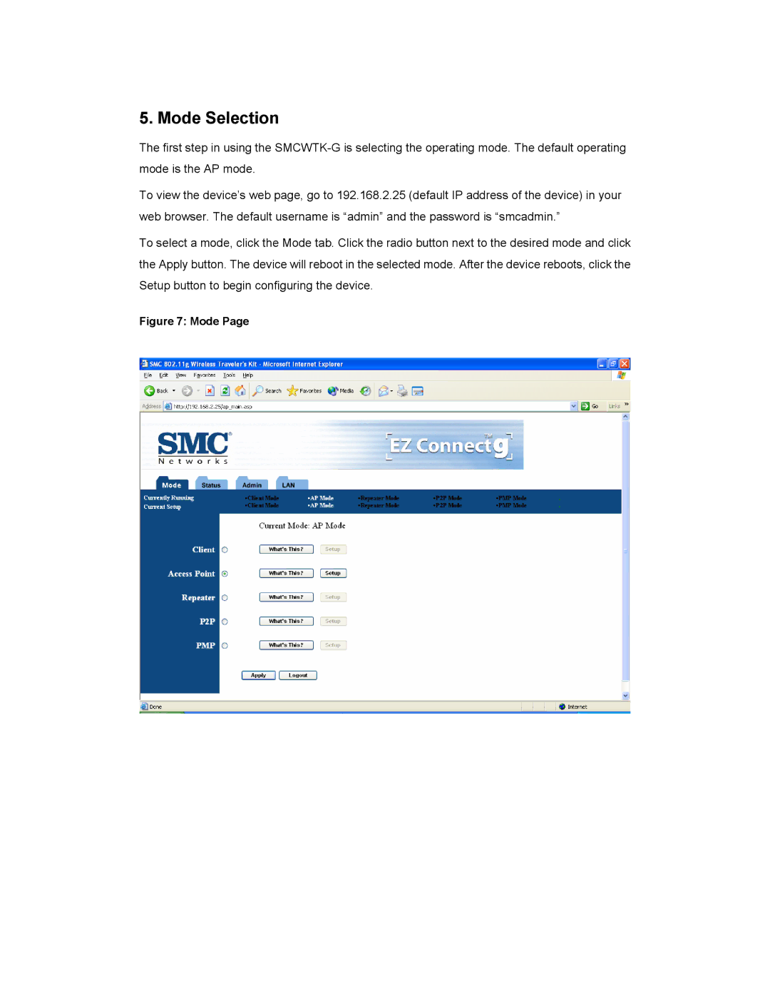 SMC Networks SMCWTK-G manual Mode Selection 