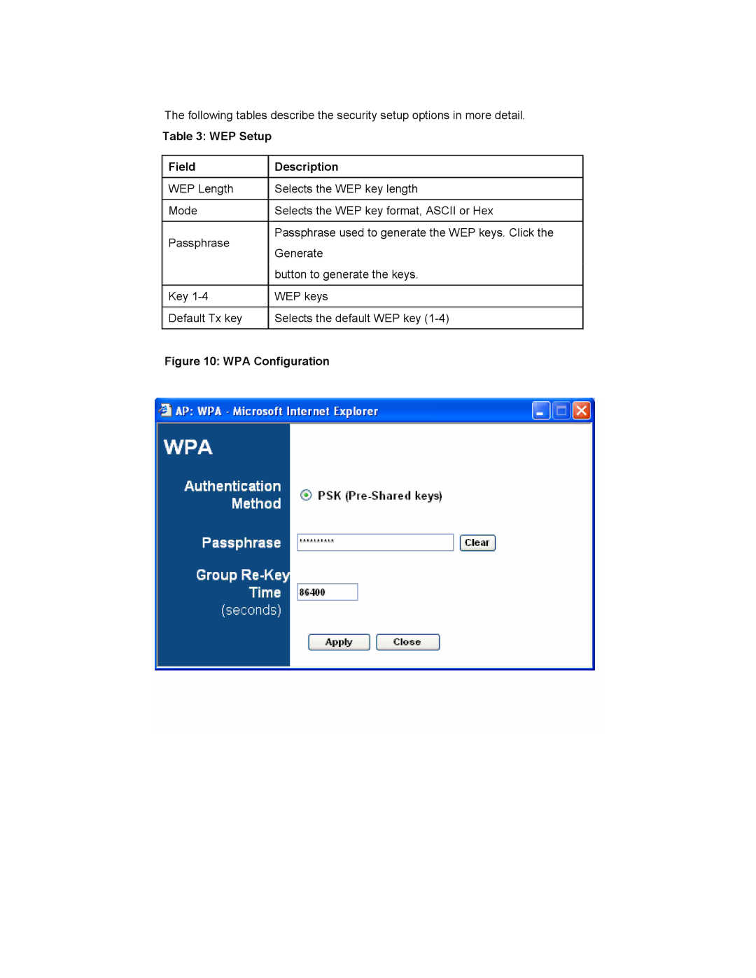 SMC Networks SMCWTK-G manual WEP Setup Field Description, WPA Configuration 