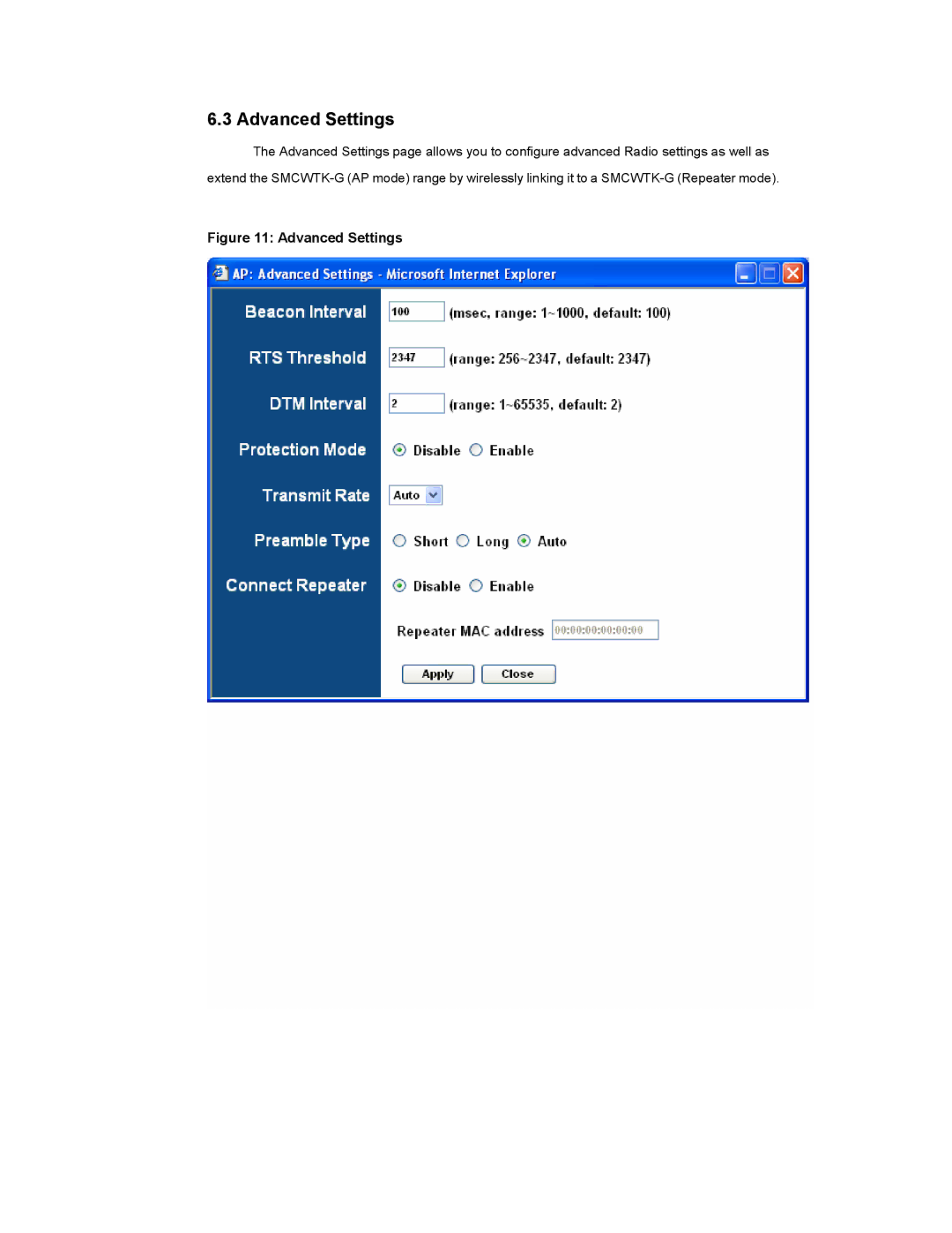 SMC Networks SMCWTK-G manual Advanced Settings 