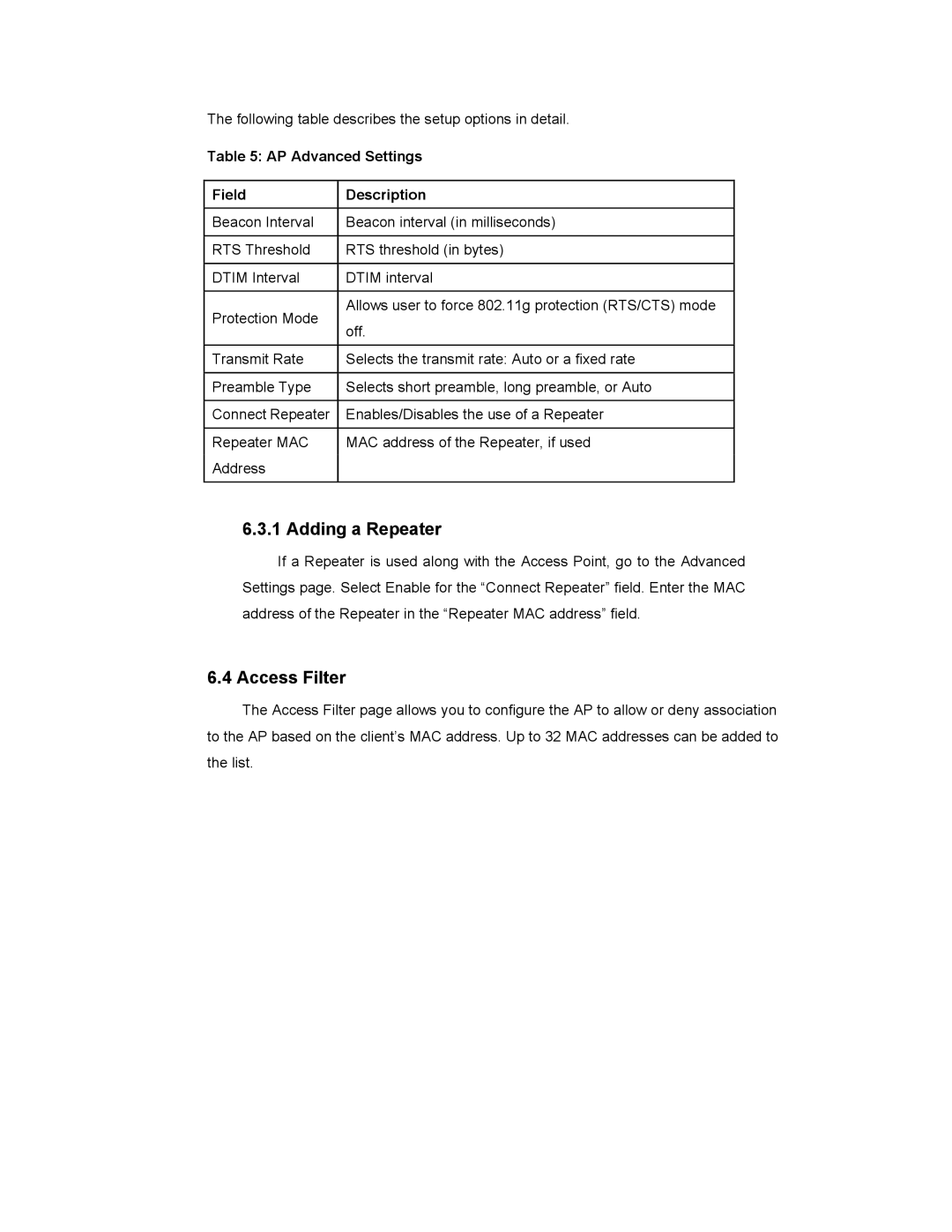 SMC Networks SMCWTK-G manual Adding a Repeater, Access Filter, AP Advanced Settings Field Description 