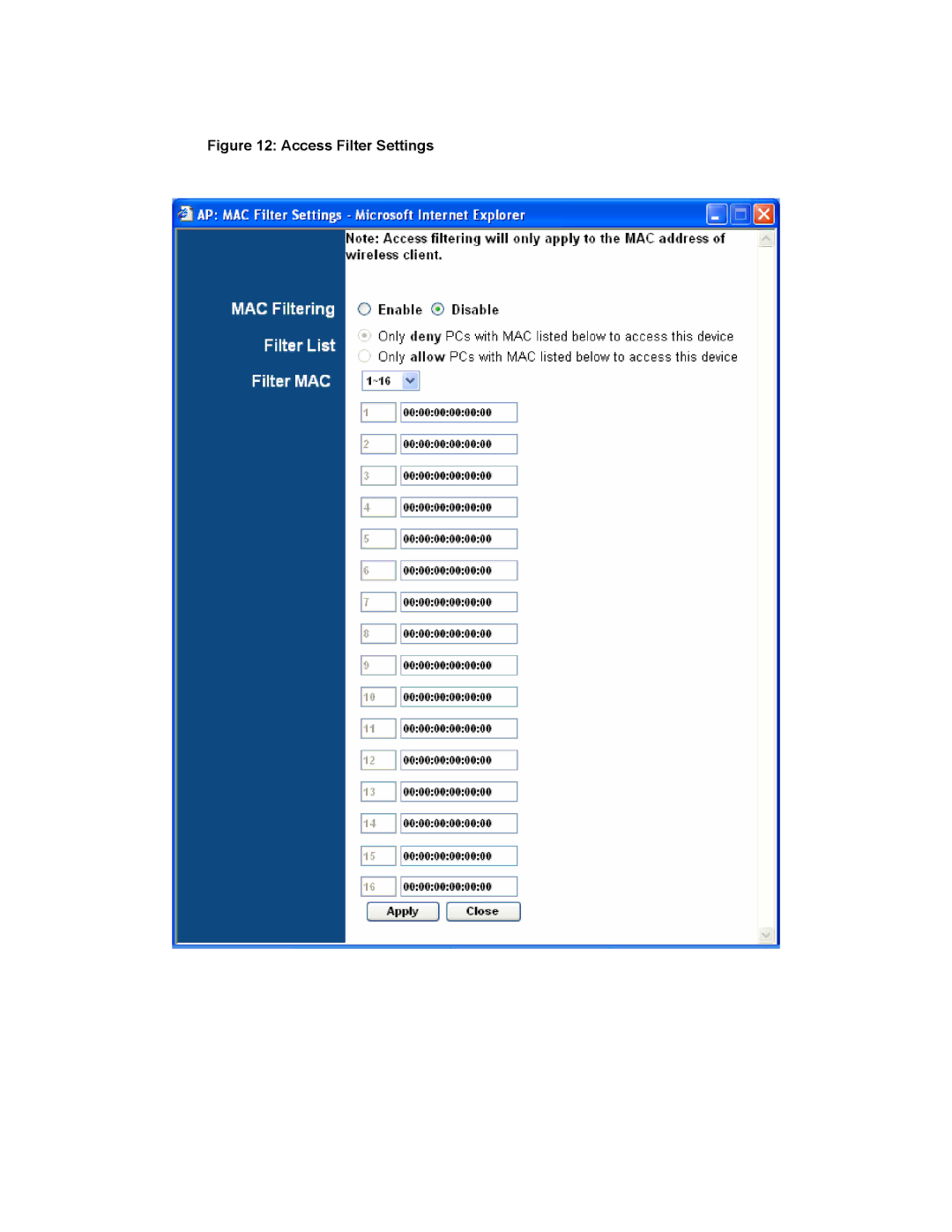 SMC Networks SMCWTK-G manual Access Filter Settings 