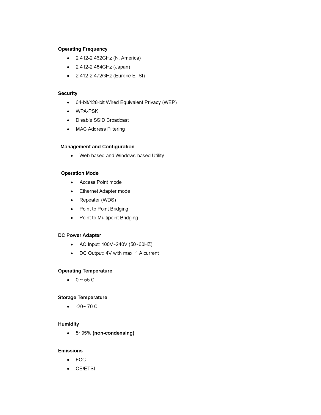 SMC Networks SMCWTK-G manual Operating Frequency, Security, Management and Configuration, Operation Mode, DC Power Adapter 