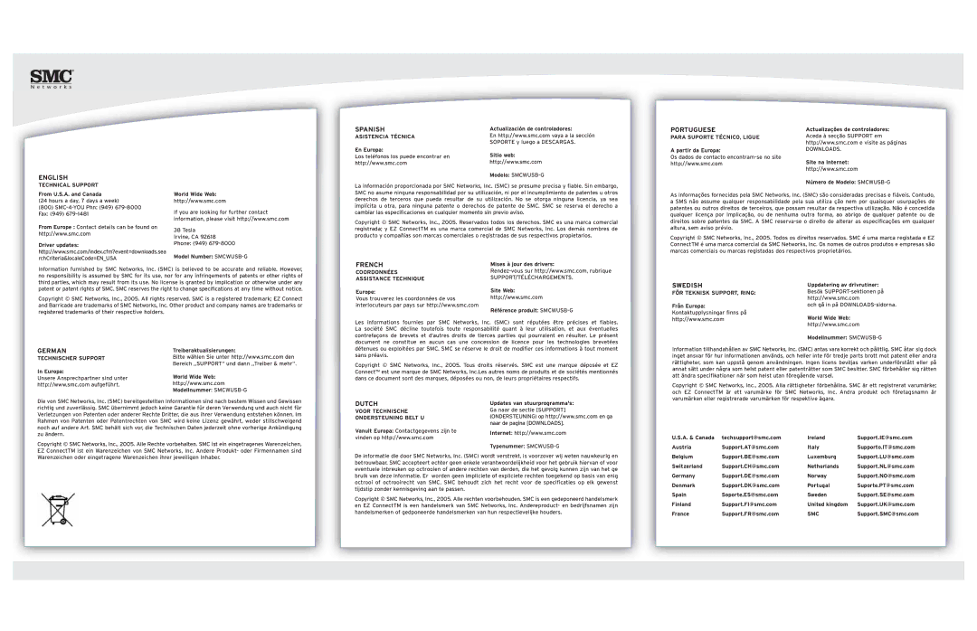 SMC Networks SMCWUSB-G manual English Spanish, Portuguese, French, Swedish, German, Dutch 