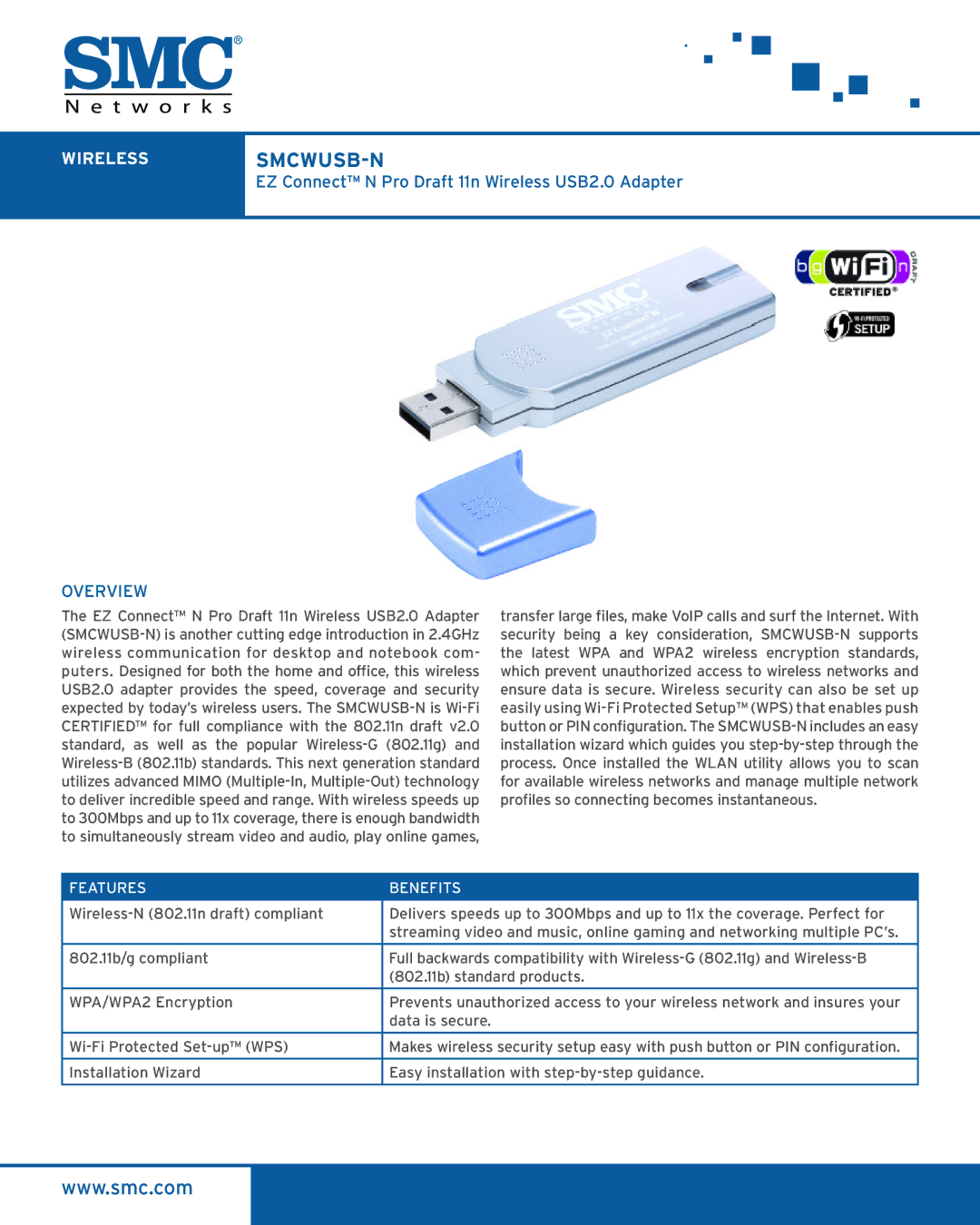 SMC Networks SMCWUSB-N manual Wirelesssmcwusb-N, Features Benefits 